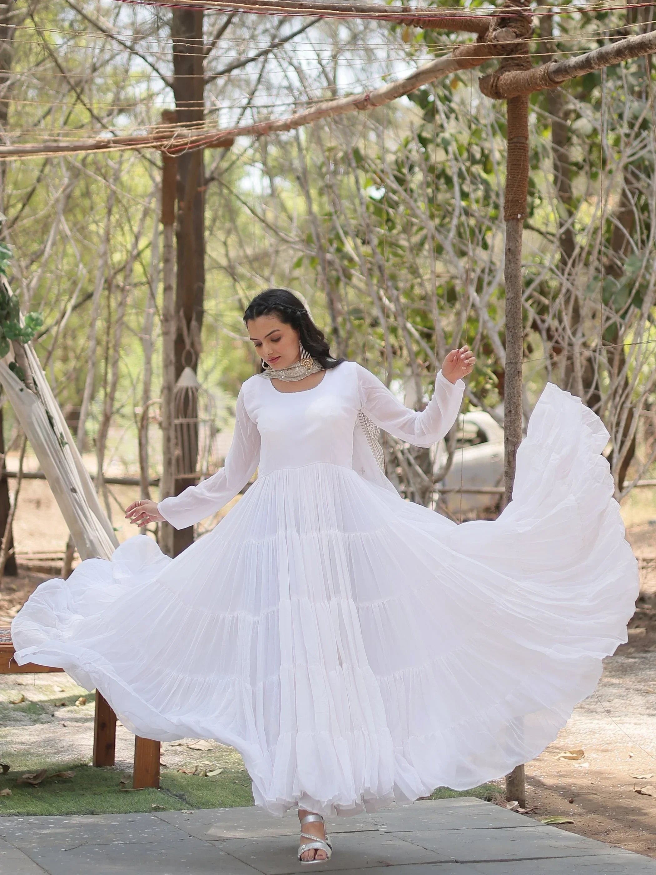 White Stunning Georgette Function Wear Plain Gown With Dupatta