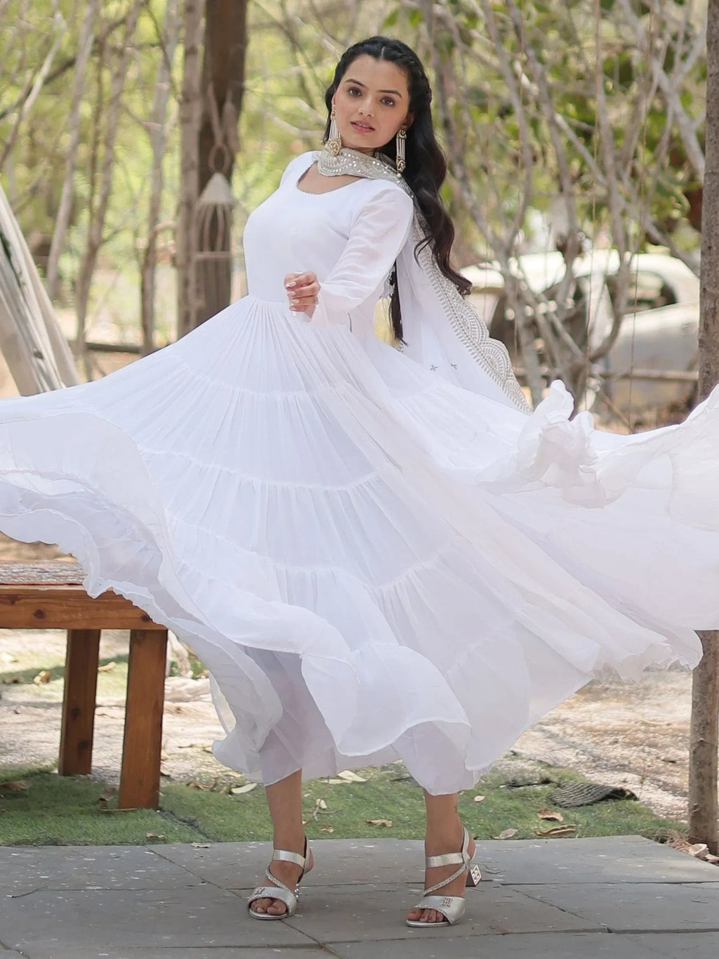 White Stunning Georgette Function Wear Plain Gown With Dupatta