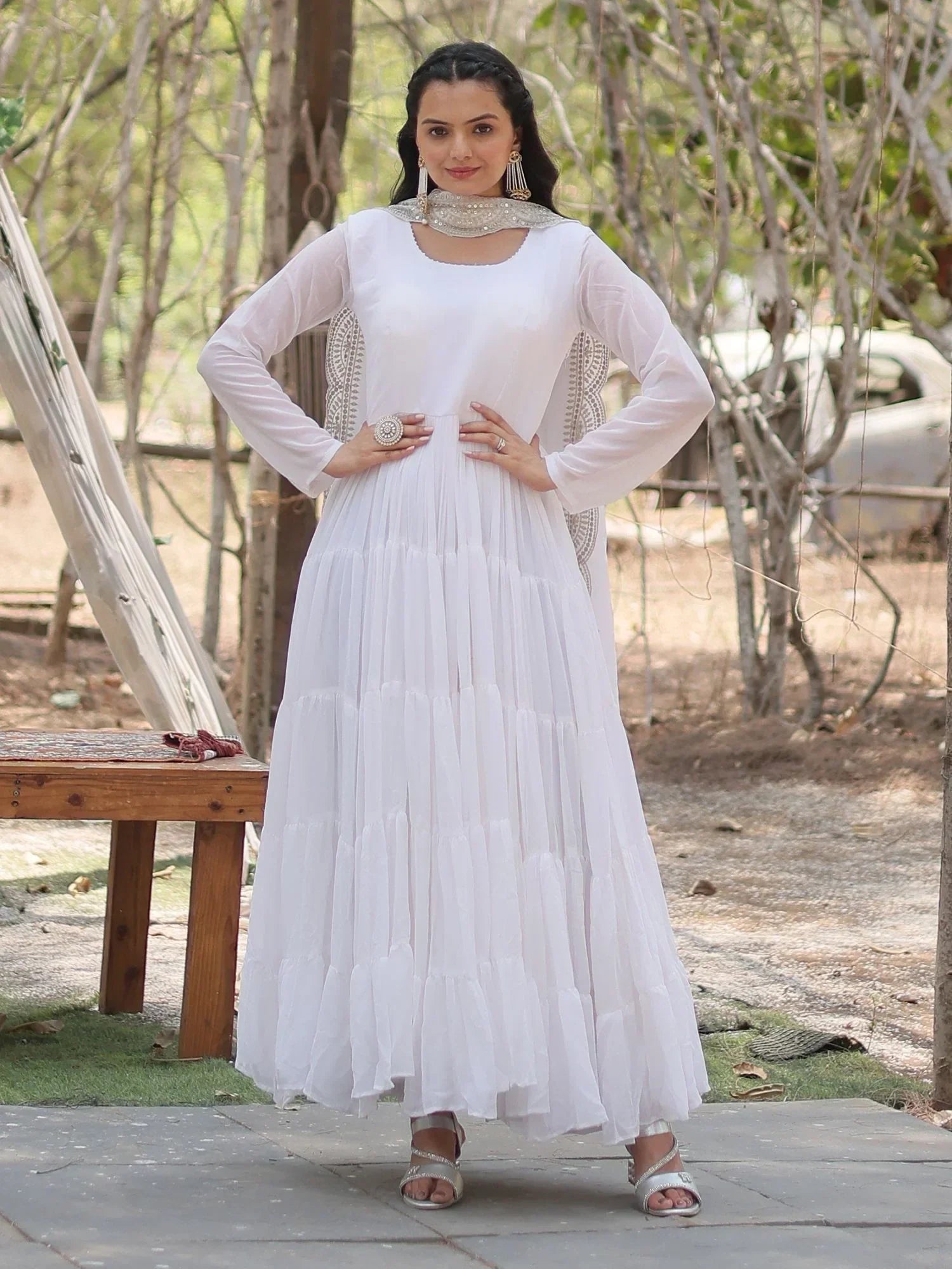 White Stunning Georgette Function Wear Plain Gown With Dupatta