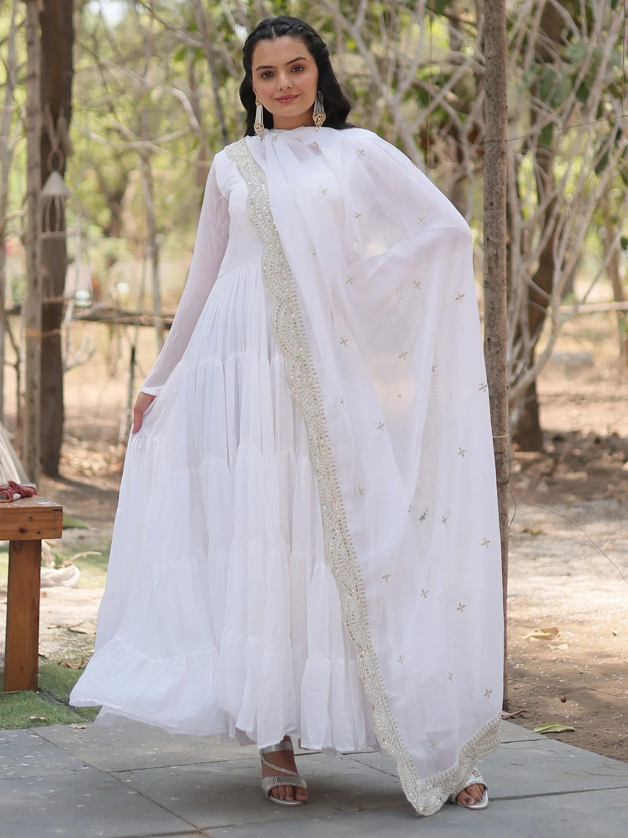 White Stunning Georgette Function Wear Plain Gown With Dupatta
