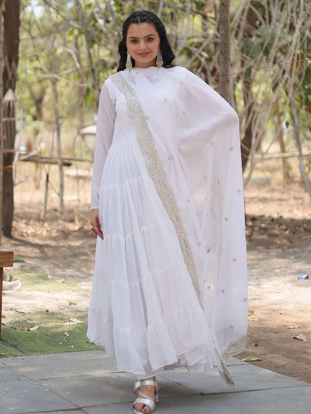 White Stunning Georgette Function Wear Plain Gown With Dupatta