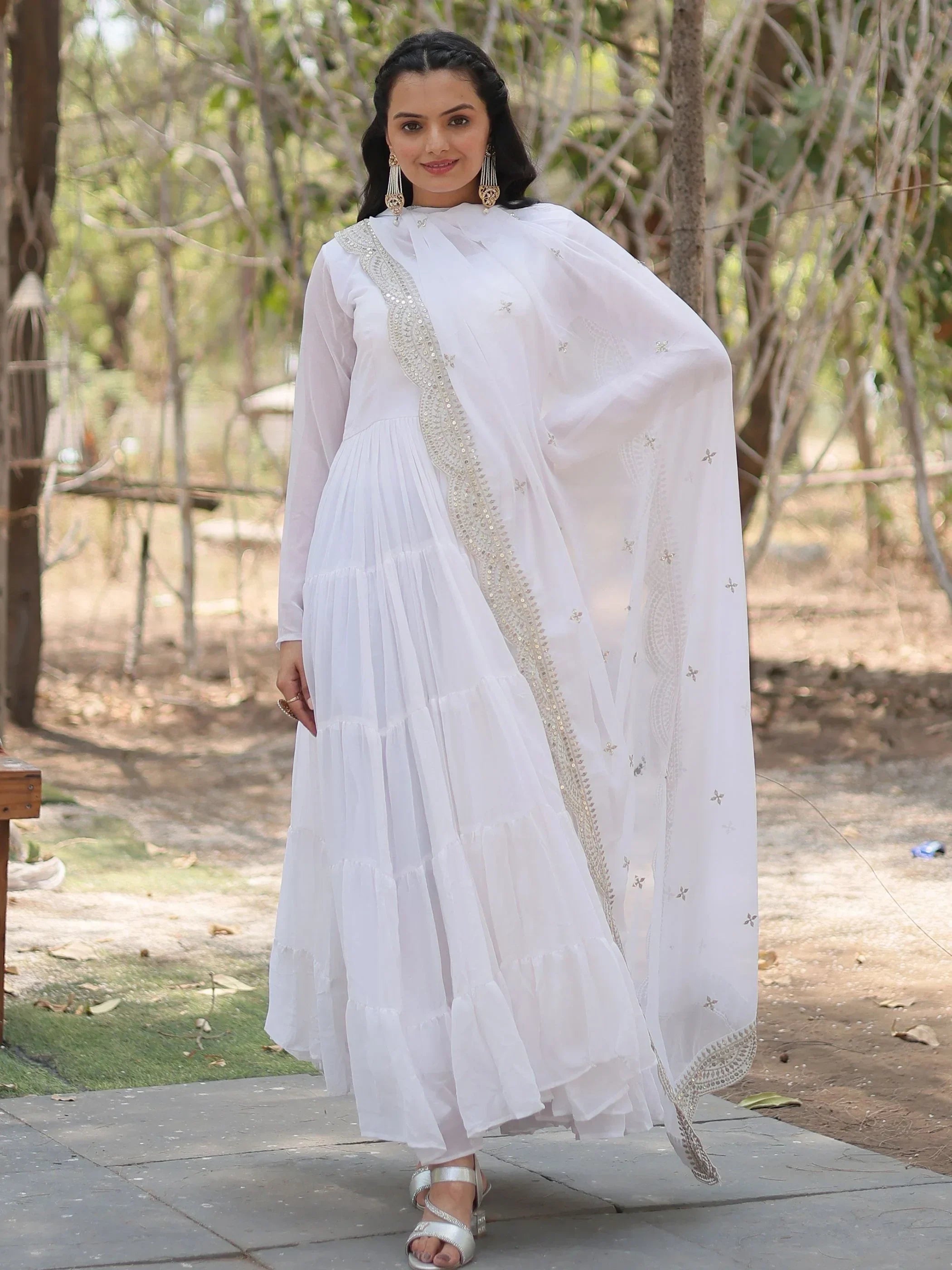 White Stunning Georgette Function Wear Plain Gown With Dupatta