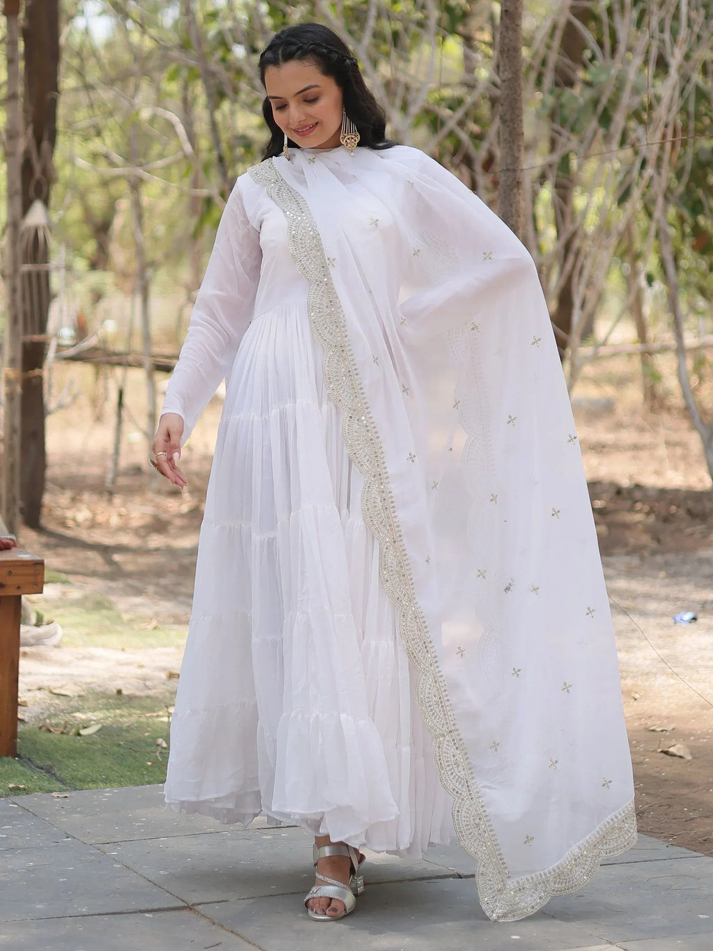 White Stunning Georgette Function Wear Plain Gown With Dupatta