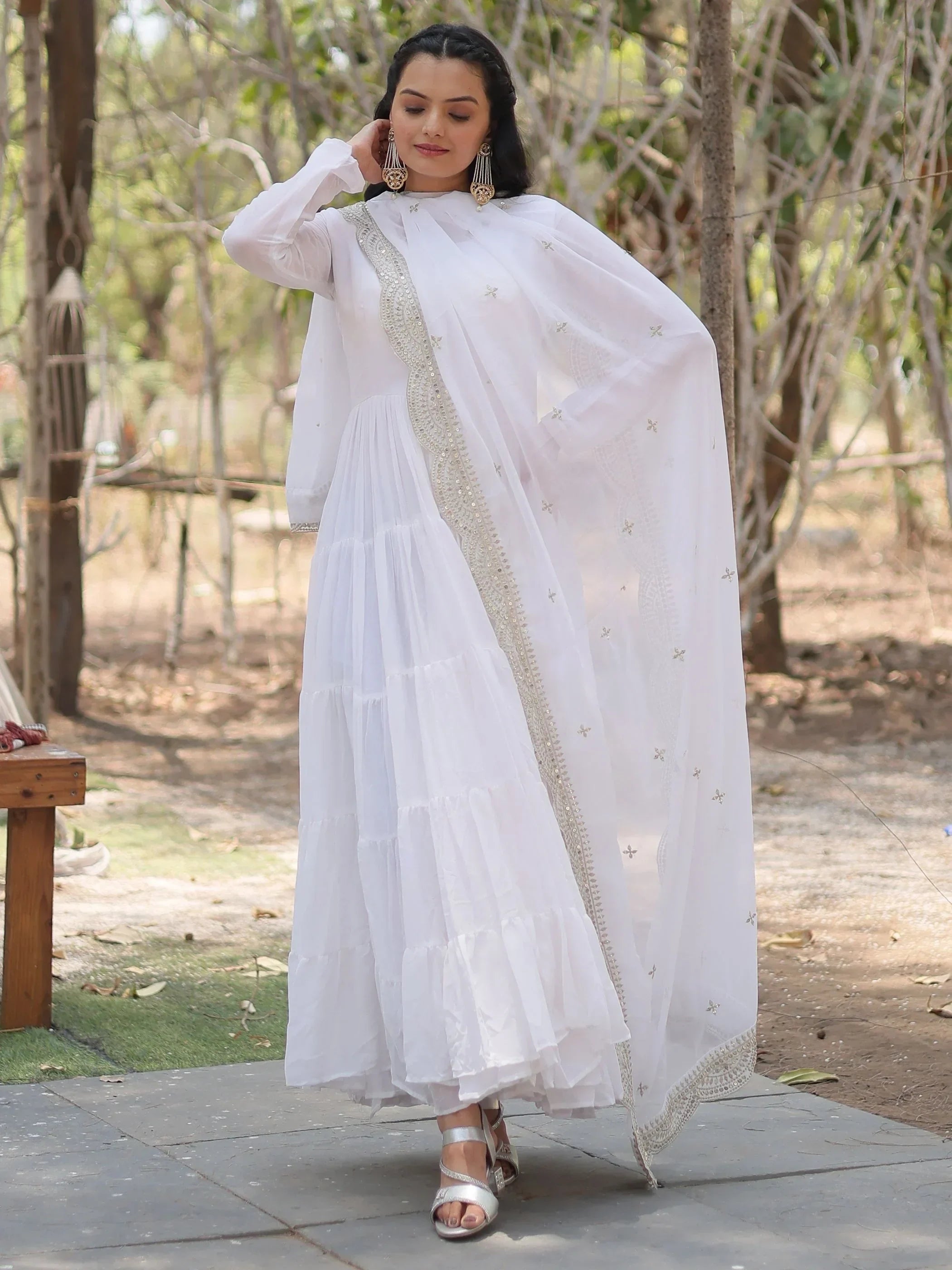 White Stunning Georgette Function Wear Plain Gown With Dupatta