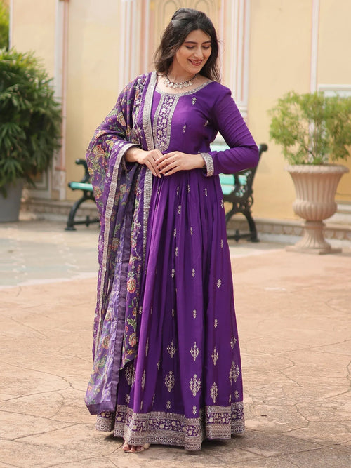 Attractive Purple Sequins Chinon Function Wear Gown With Dupatta
