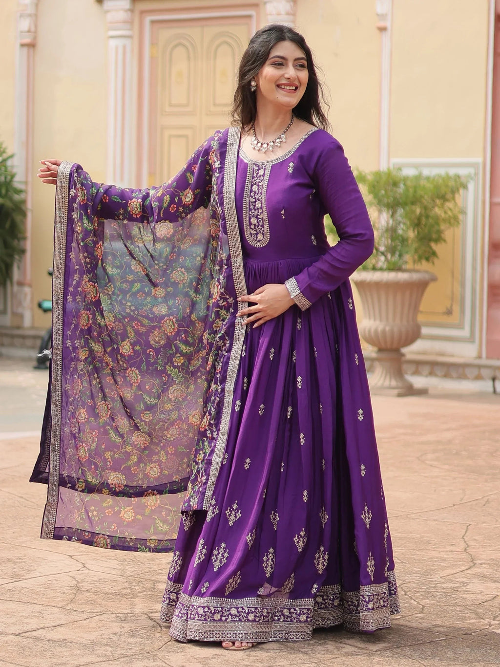 Attractive Purple Sequins Chinon Function Wear Gown With Dupatta