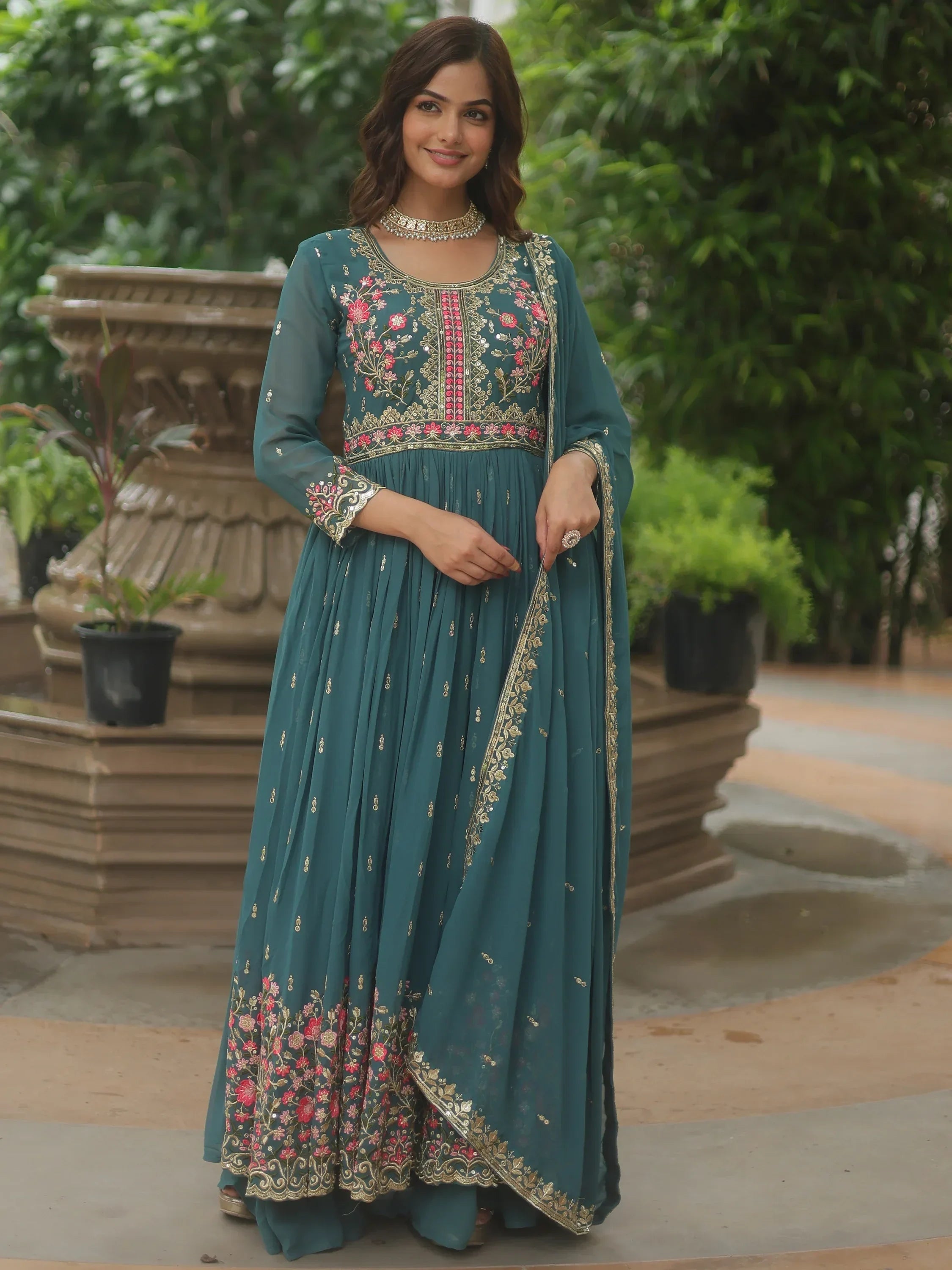 Teal Adorable Embroidered Georgette Anarkali Suit With Sharara