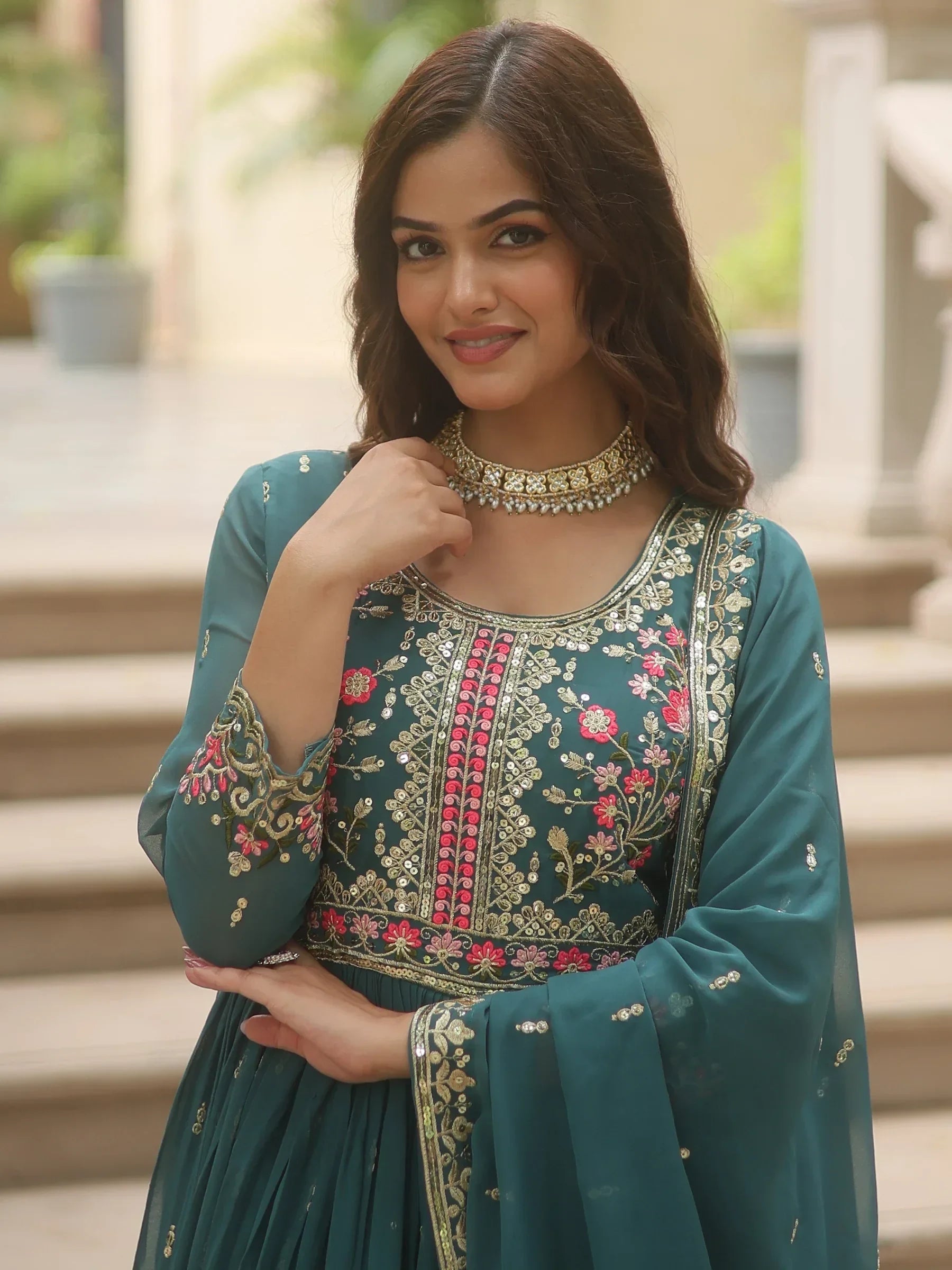 Teal Adorable Embroidered Georgette Anarkali Suit With Sharara