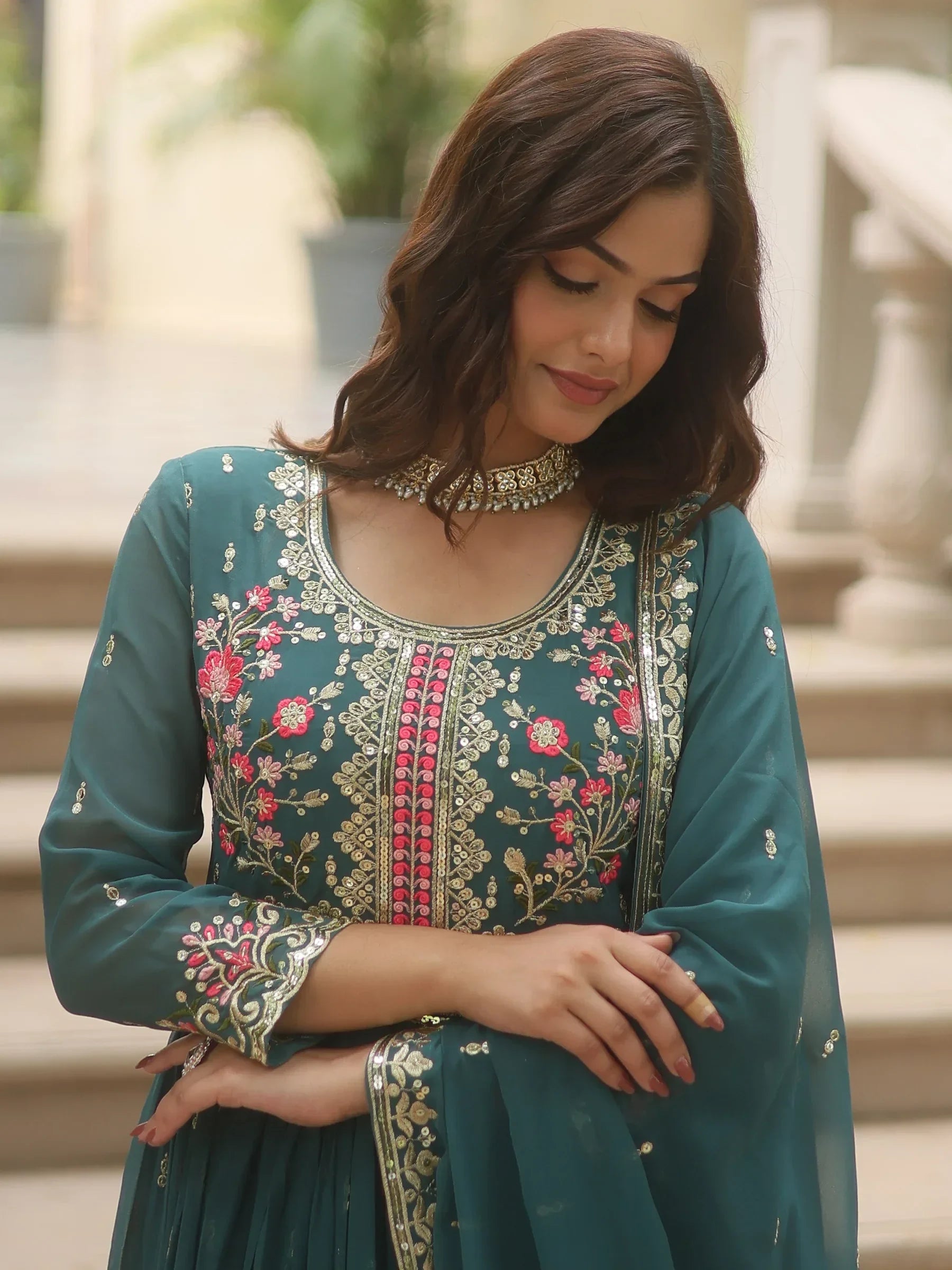 Teal Adorable Embroidered Georgette Anarkali Suit With Sharara