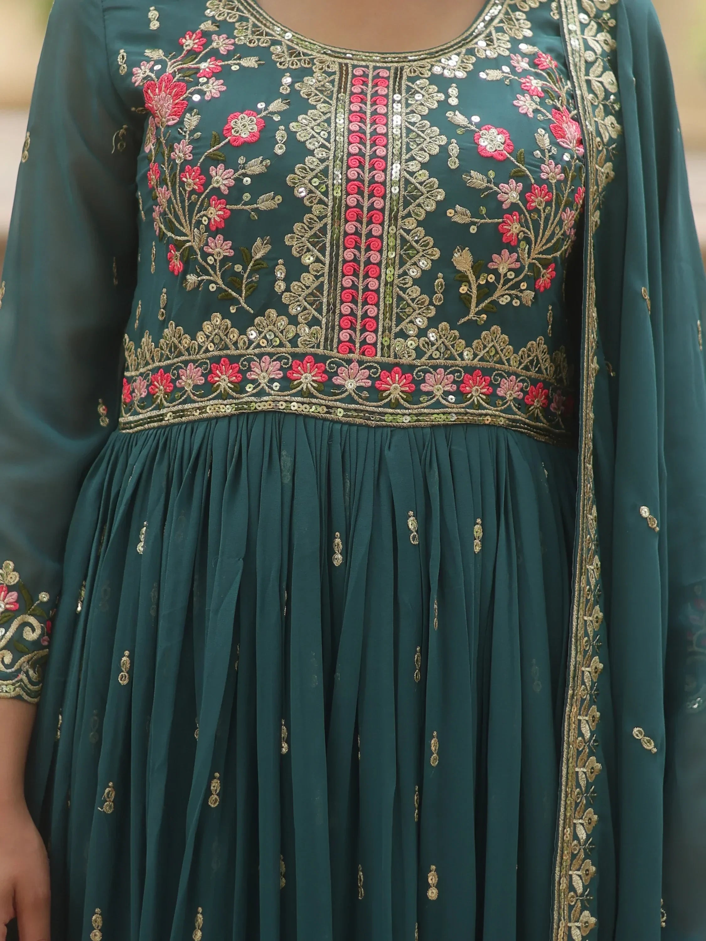 Teal Adorable Embroidered Georgette Anarkali Suit With Sharara
