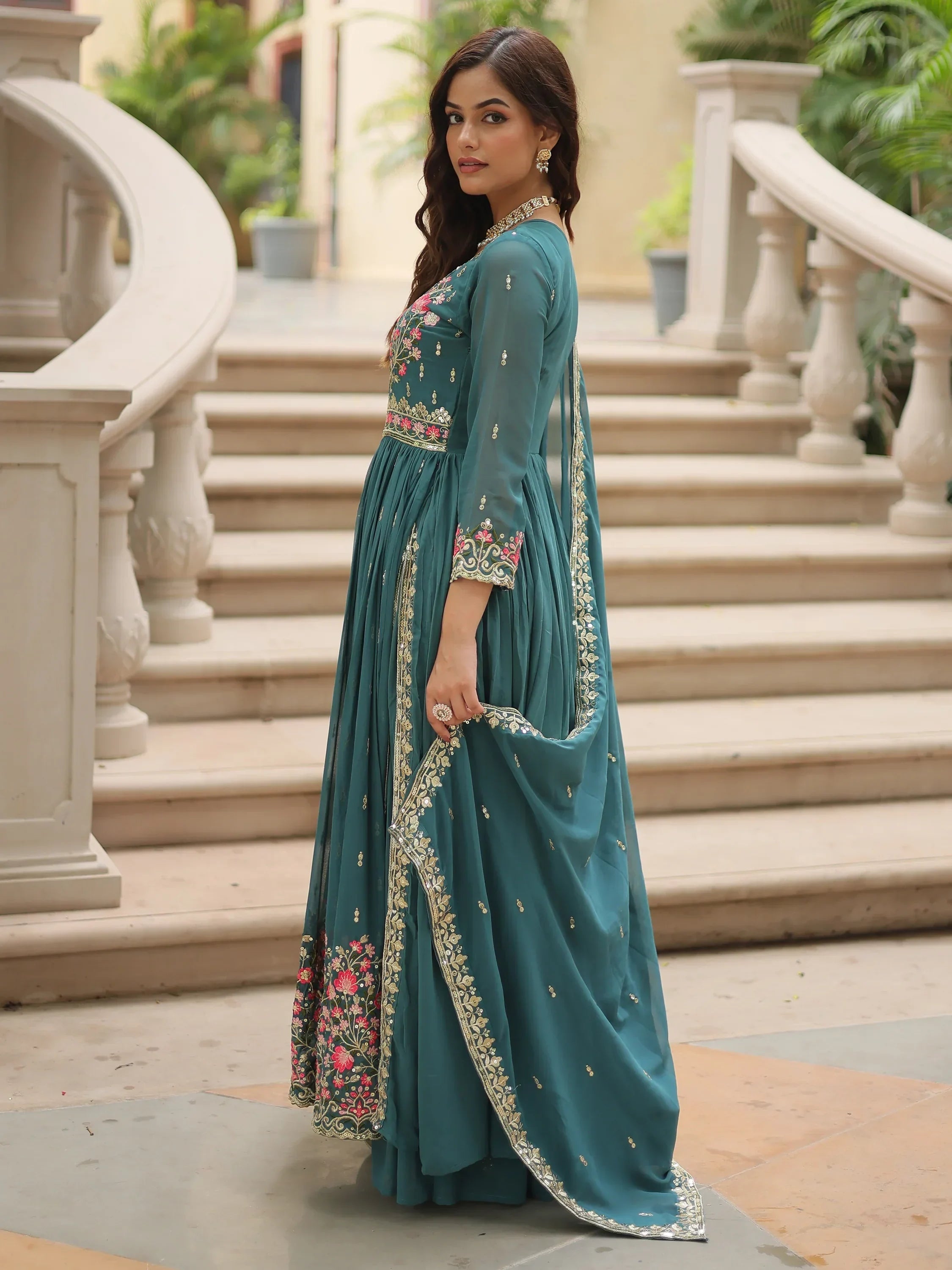 Teal Adorable Embroidered Georgette Anarkali Suit With Sharara