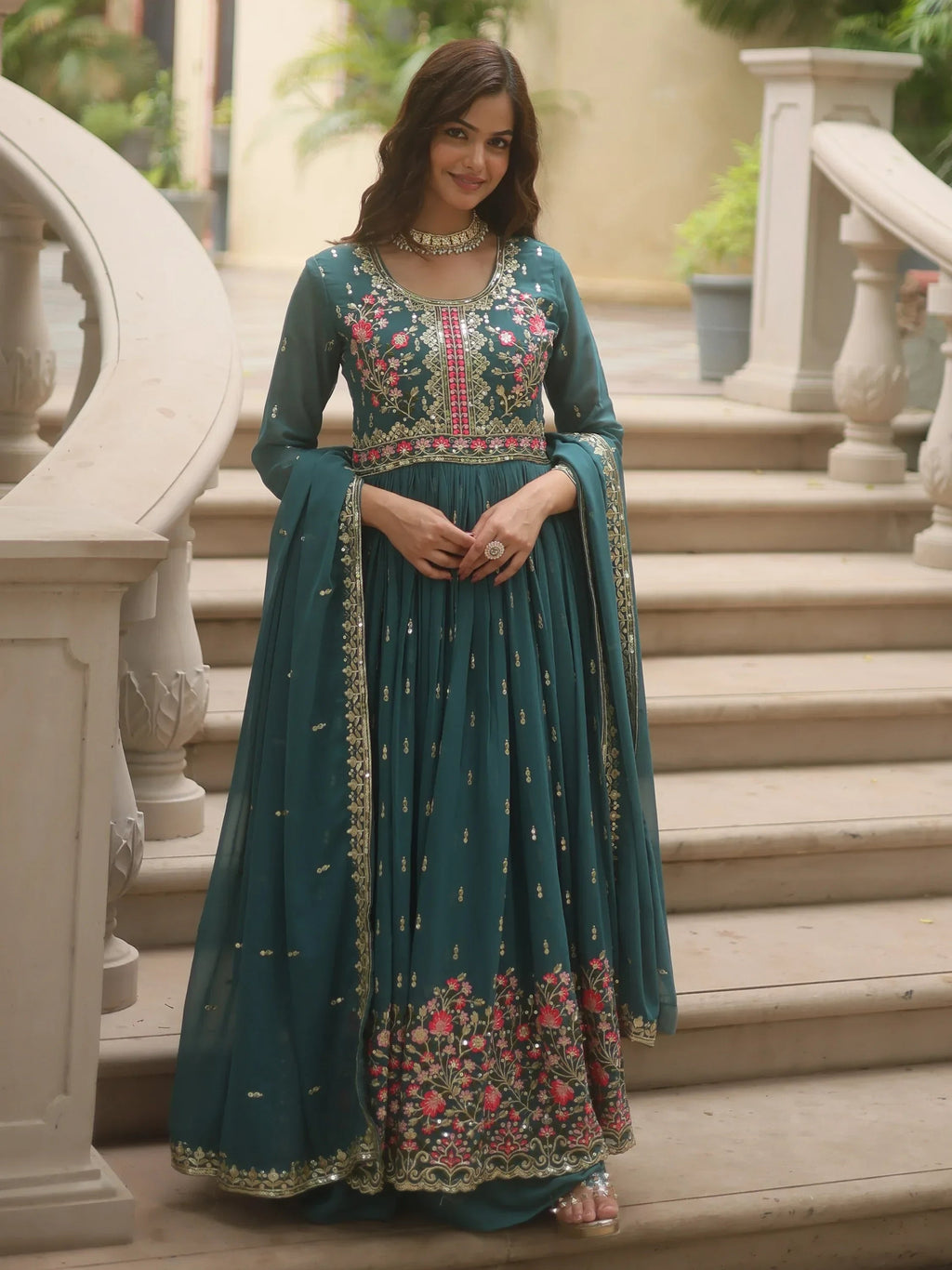 Teal Adorable Embroidered Georgette Anarkali Suit With Sharara