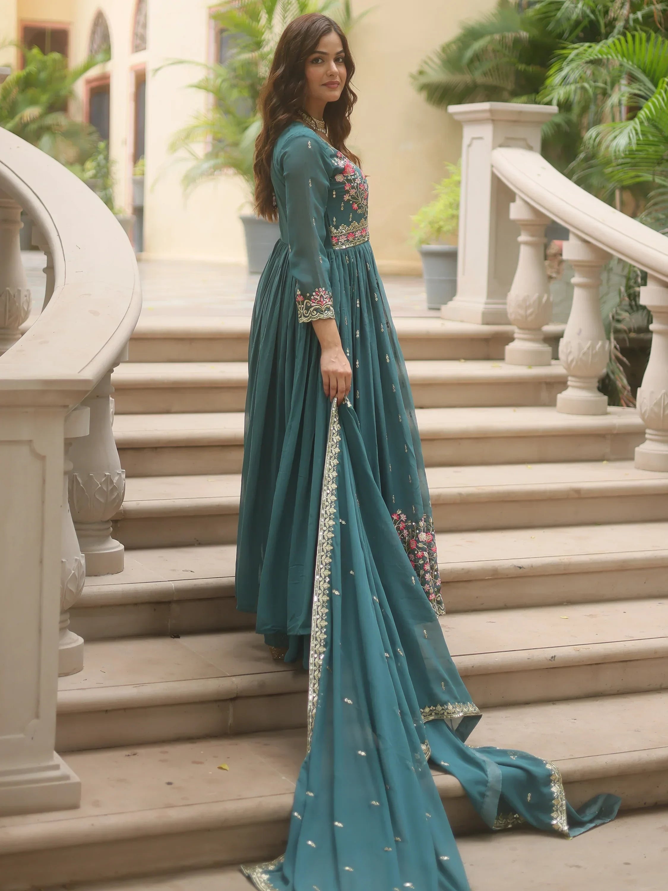 Teal Adorable Embroidered Georgette Anarkali Suit With Sharara