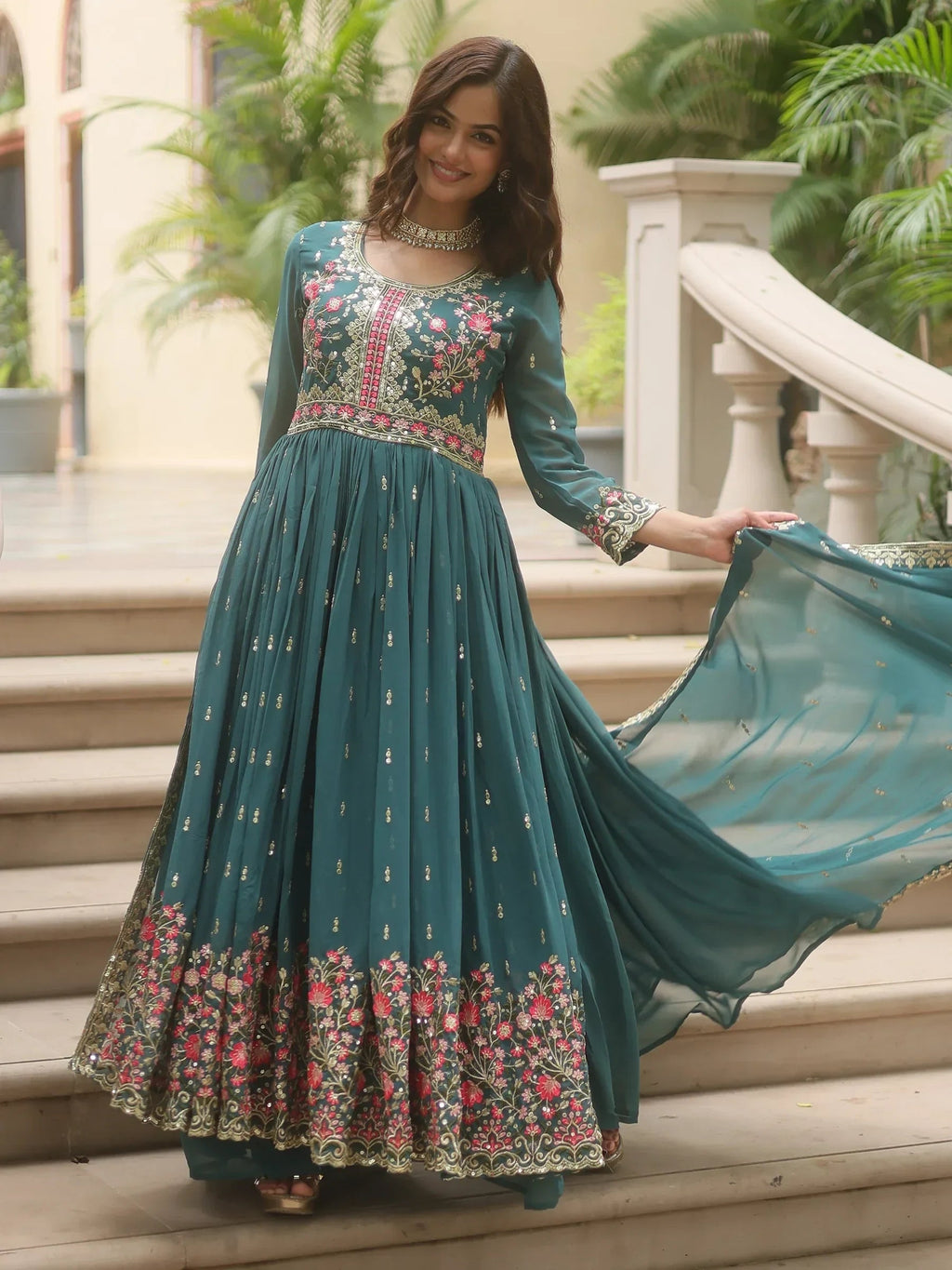 Teal Adorable Embroidered Georgette Anarkali Suit With Sharara