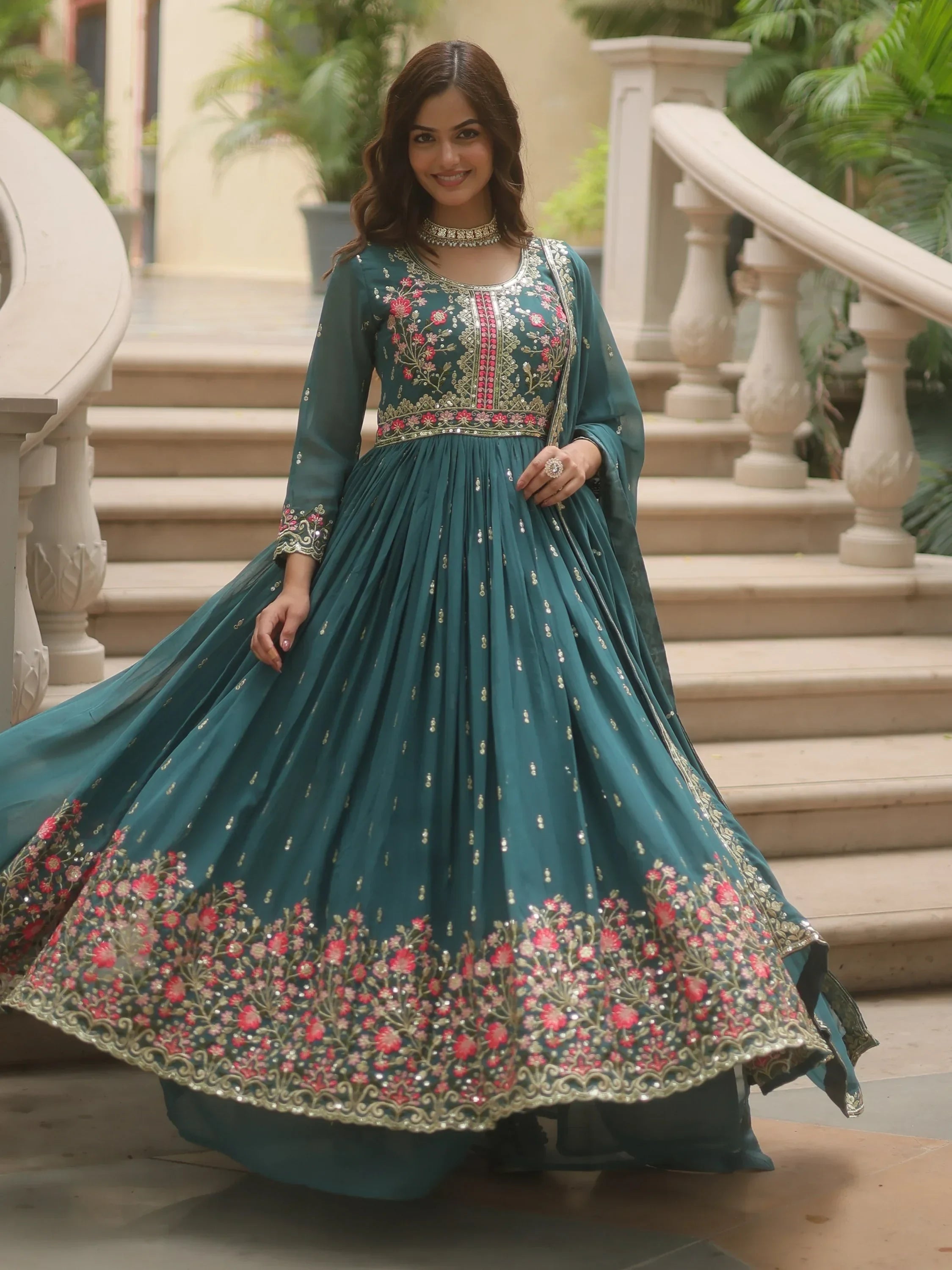 Teal Adorable Embroidered Georgette Anarkali Suit With Sharara
