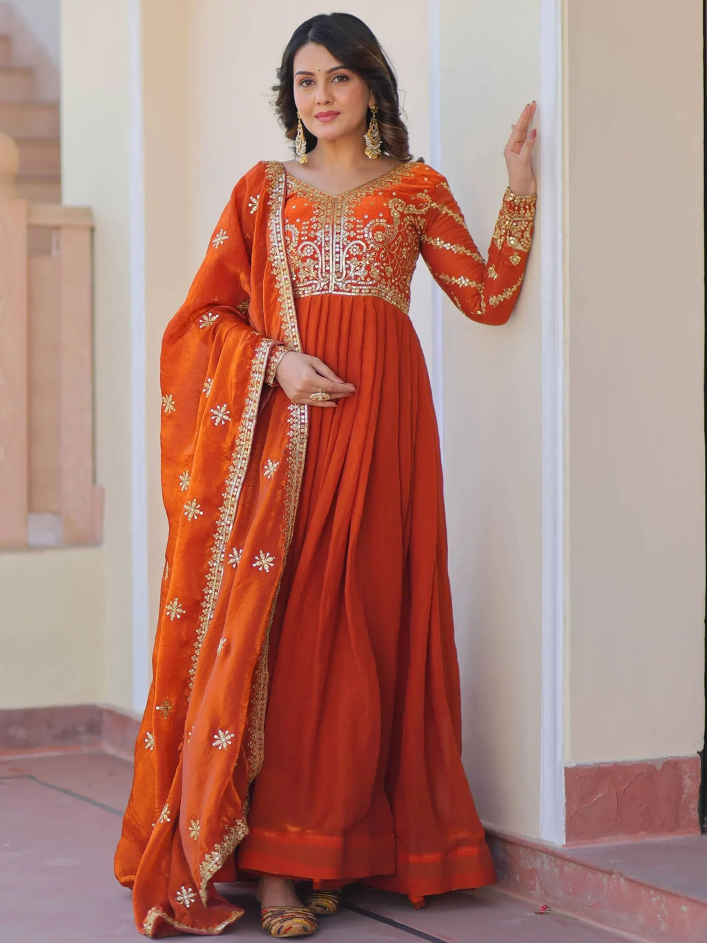 Orange Memorable Mehendi Sequins Embroidery Organza Festive Wear Gown