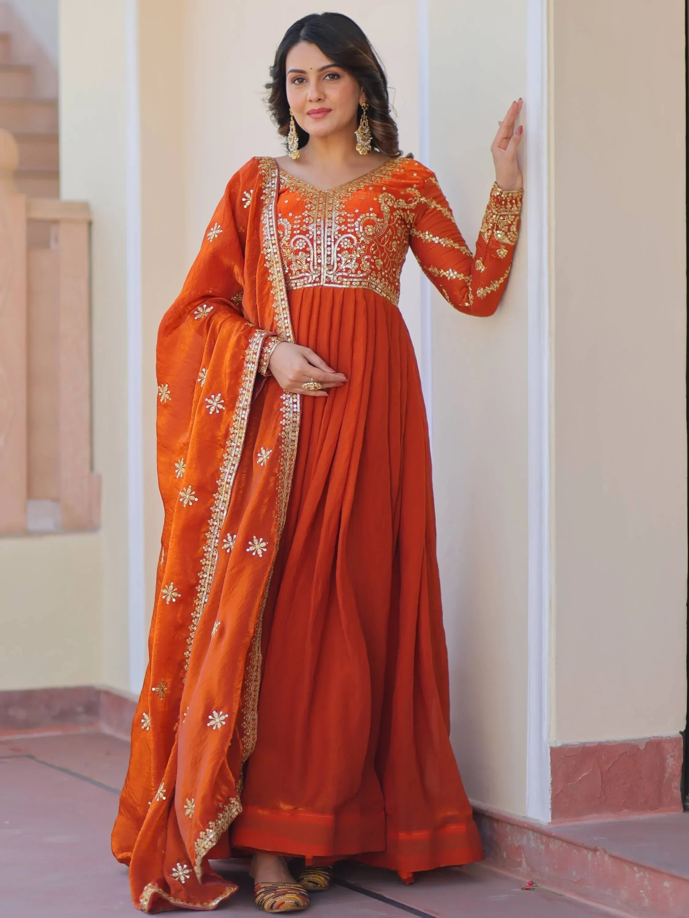 Orange Memorable Mehendi Sequins Embroidery Organza Festive Wear Gown