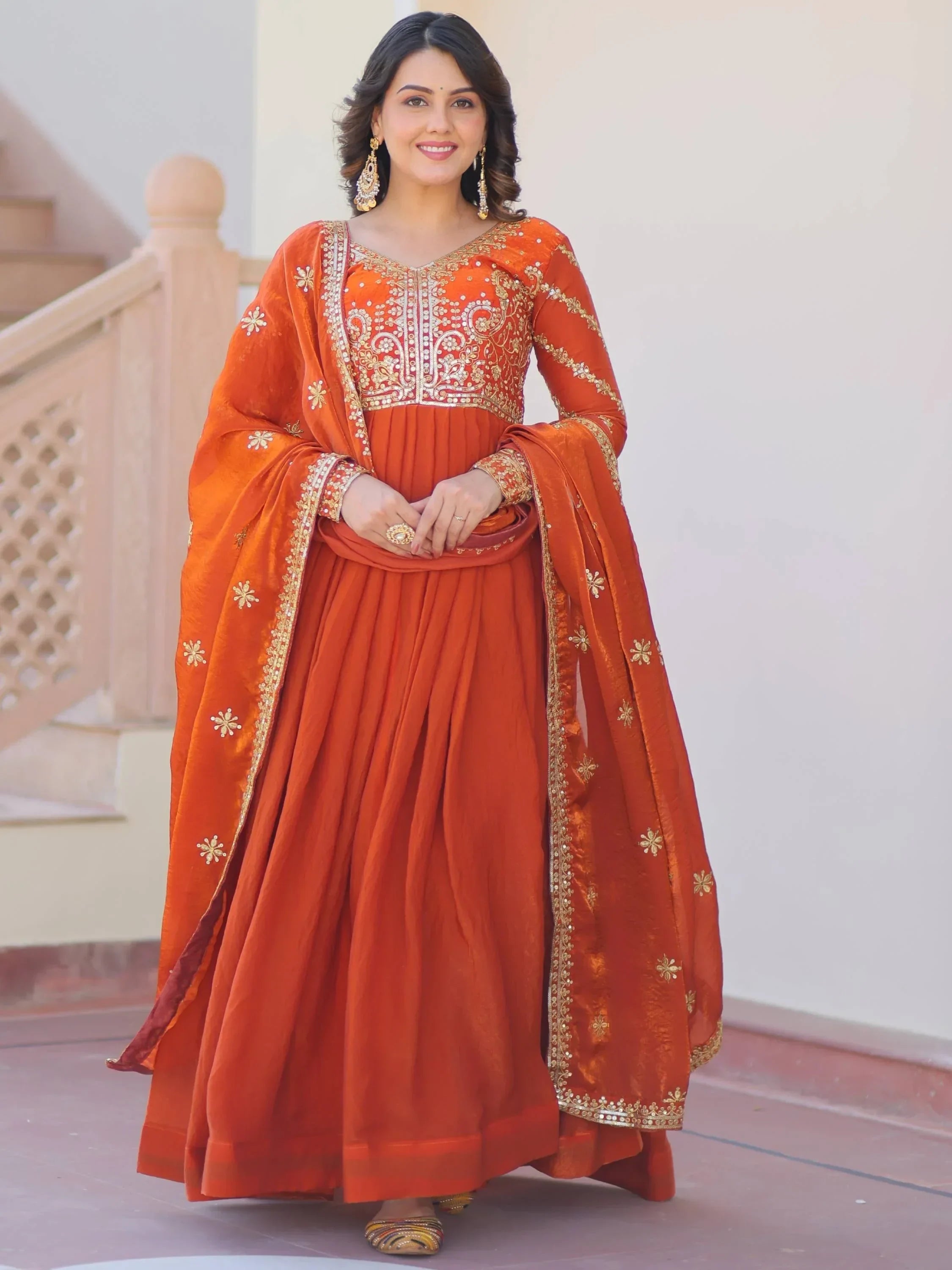 Orange Memorable Mehendi Sequins Embroidery Organza Festive Wear Gown