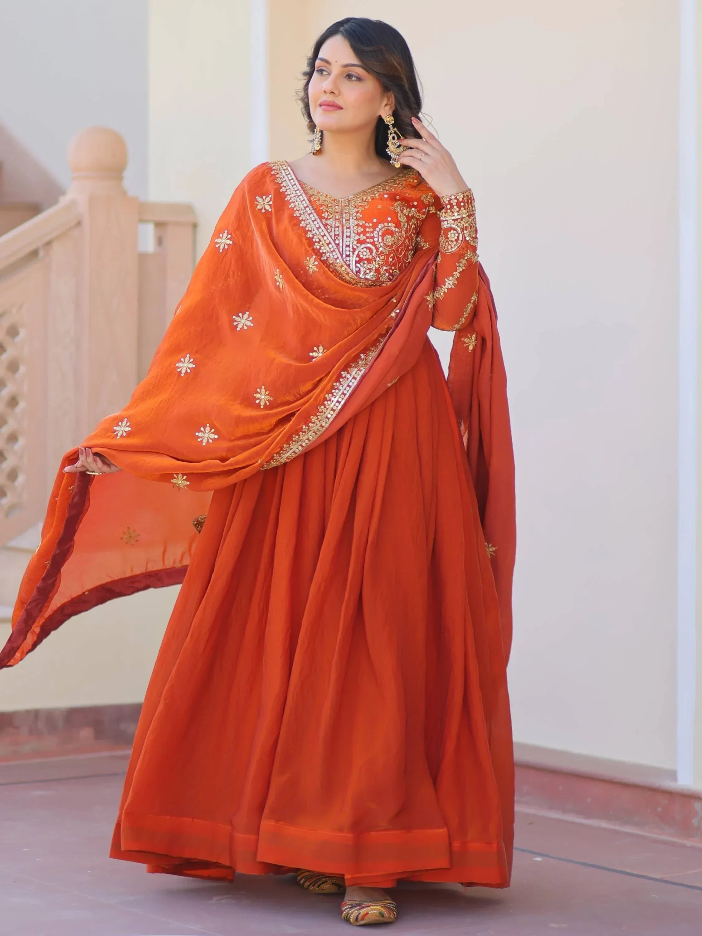Orange Memorable Mehendi Sequins Embroidery Organza Festive Wear Gown