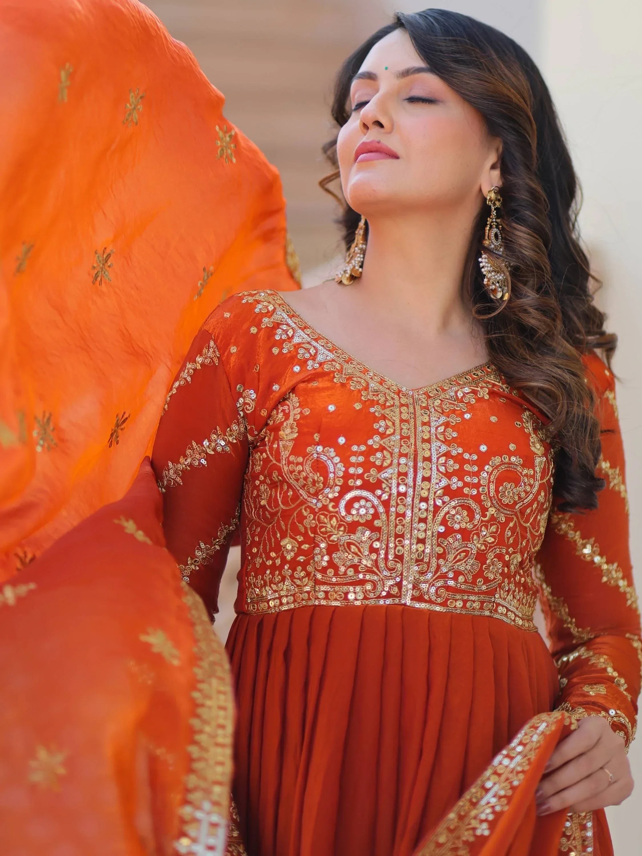 Orange Memorable Mehendi Sequins Embroidery Organza Festive Wear Gown