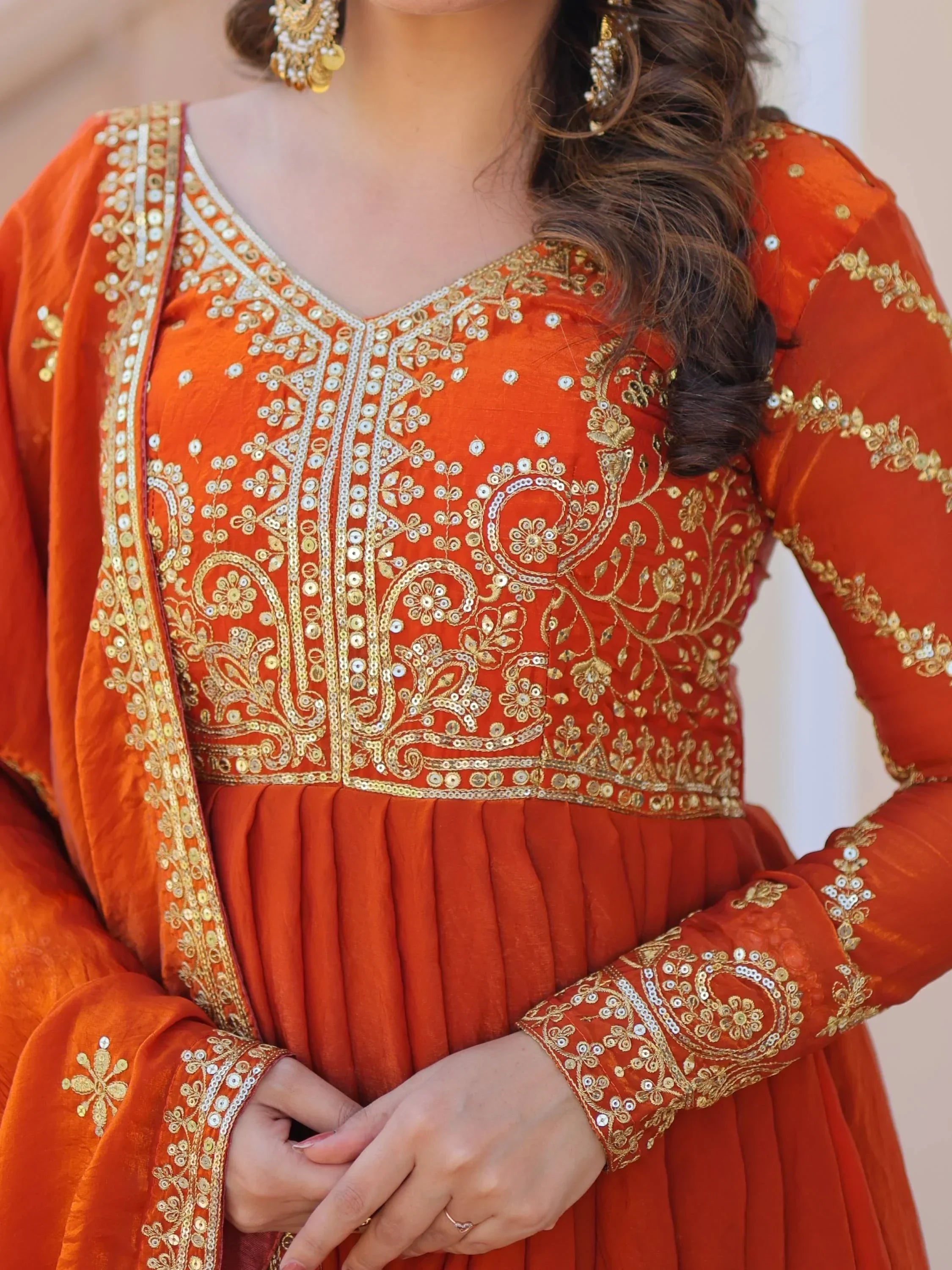 Orange Memorable Mehendi Sequins Embroidery Organza Festive Wear Gown