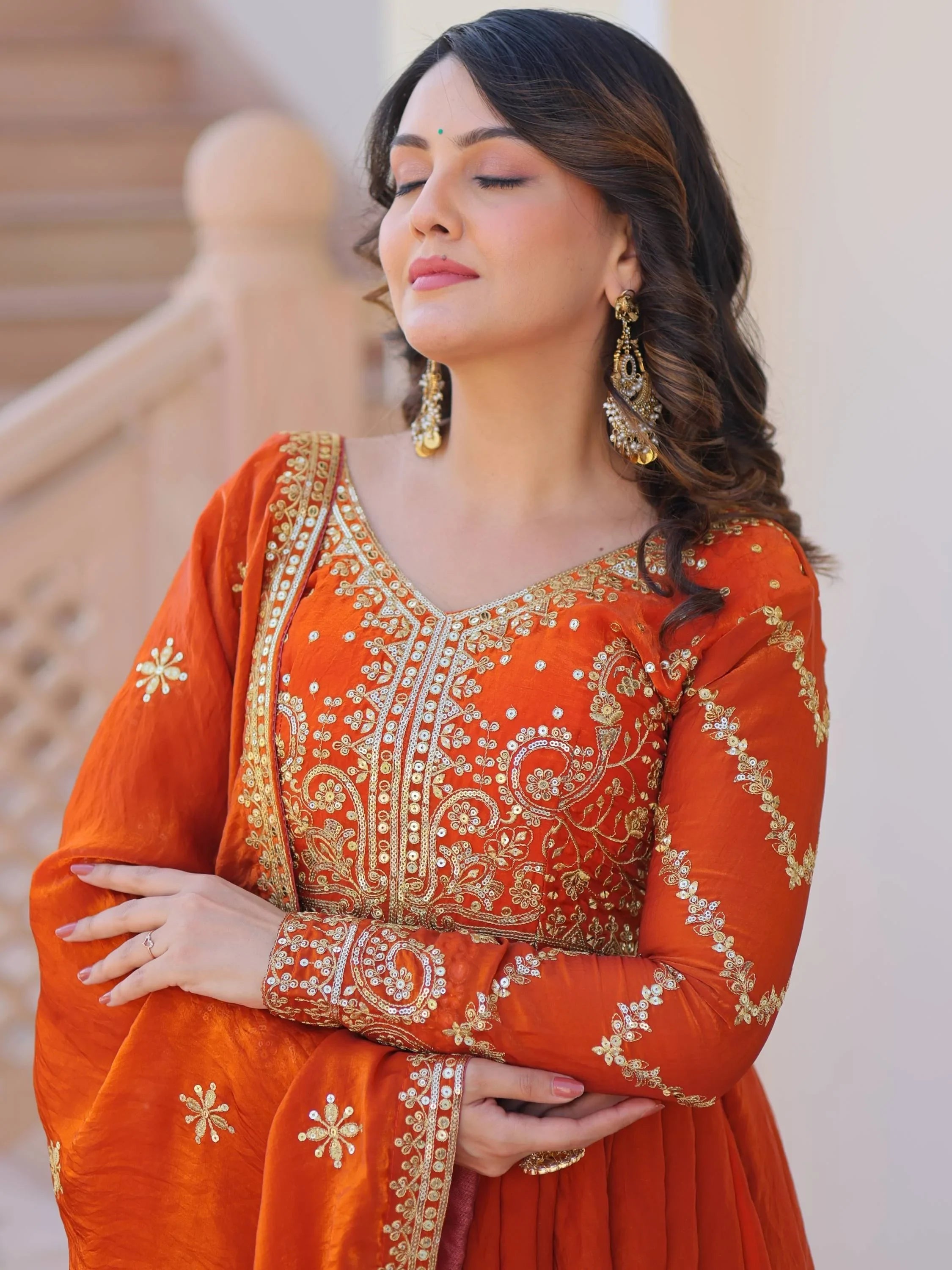 Orange Memorable Mehendi Sequins Embroidery Organza Festive Wear Gown