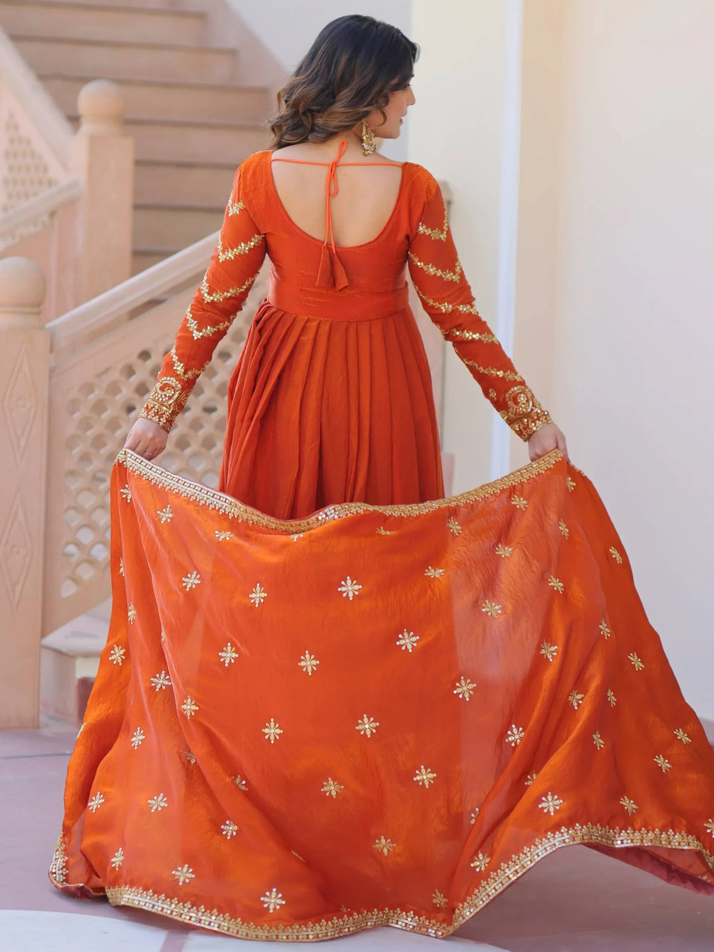 Orange Memorable Mehendi Sequins Embroidery Organza Festive Wear Gown