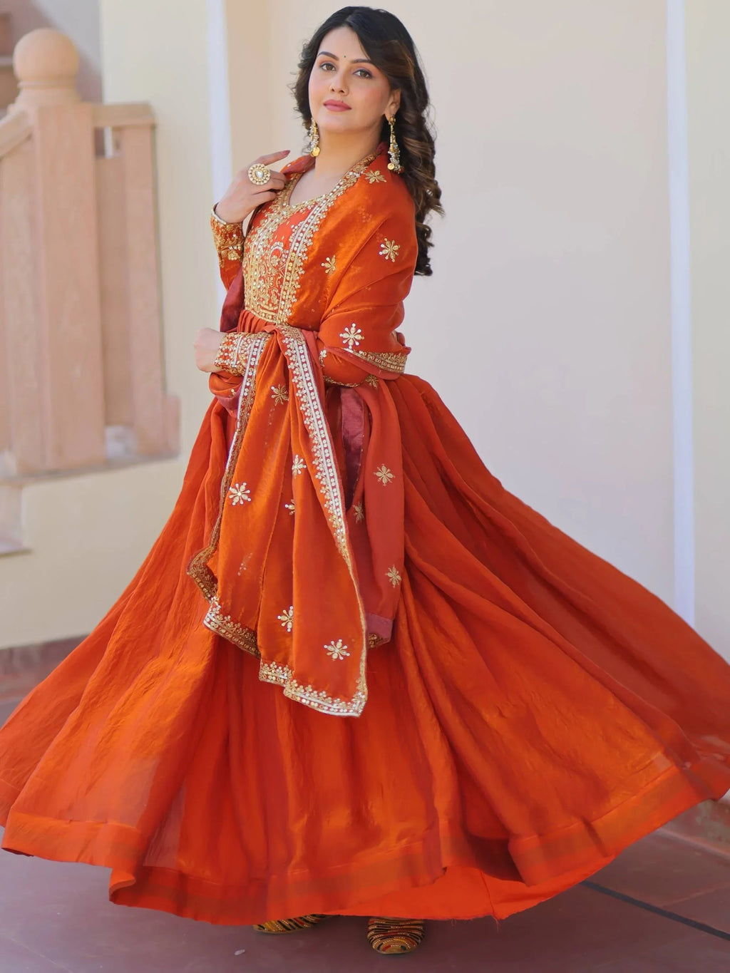 Orange Memorable Mehendi Sequins Embroidery Organza Festive Wear Gown