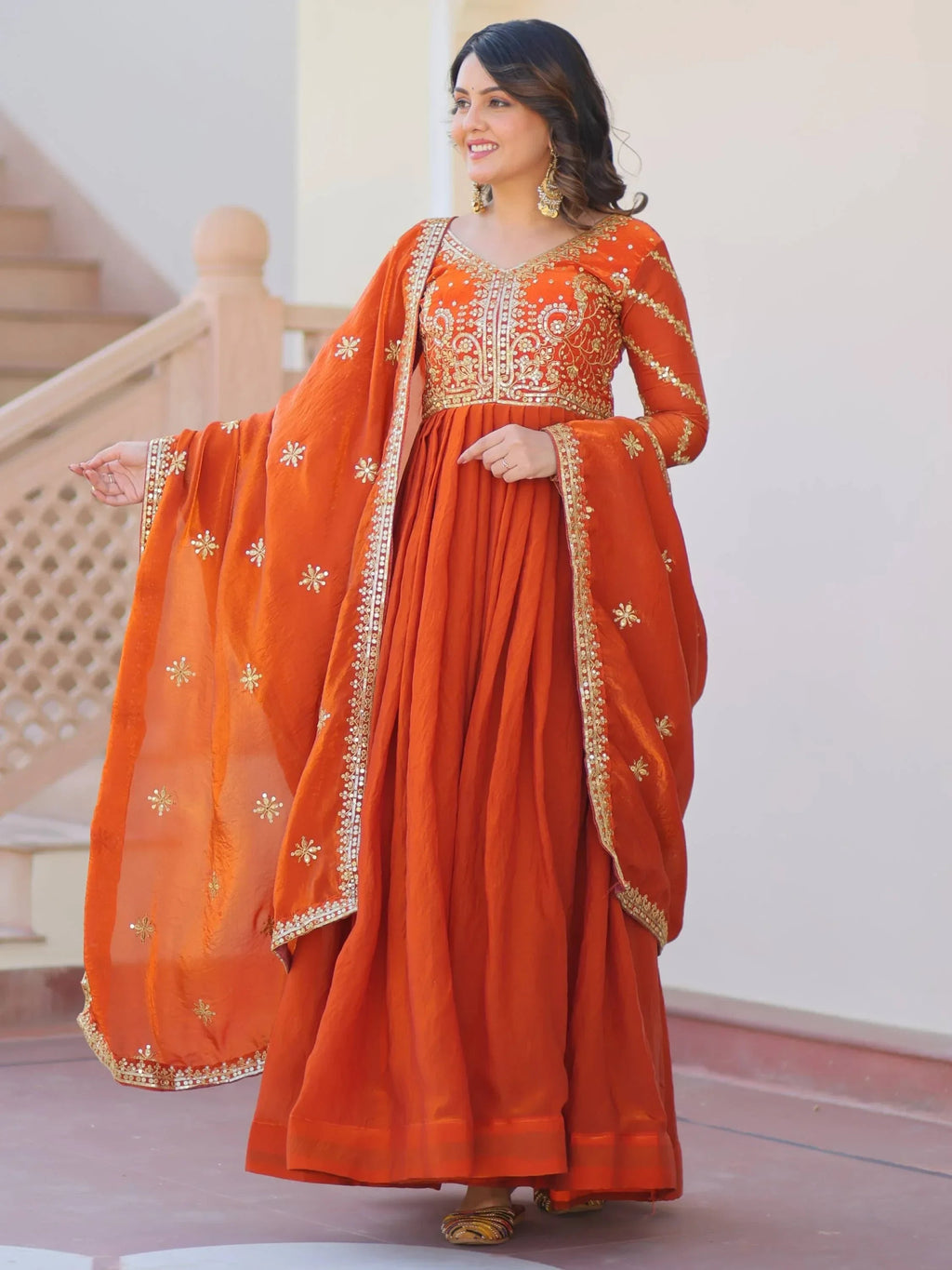 Orange Memorable Mehendi Sequins Embroidery Organza Festive Wear Gown