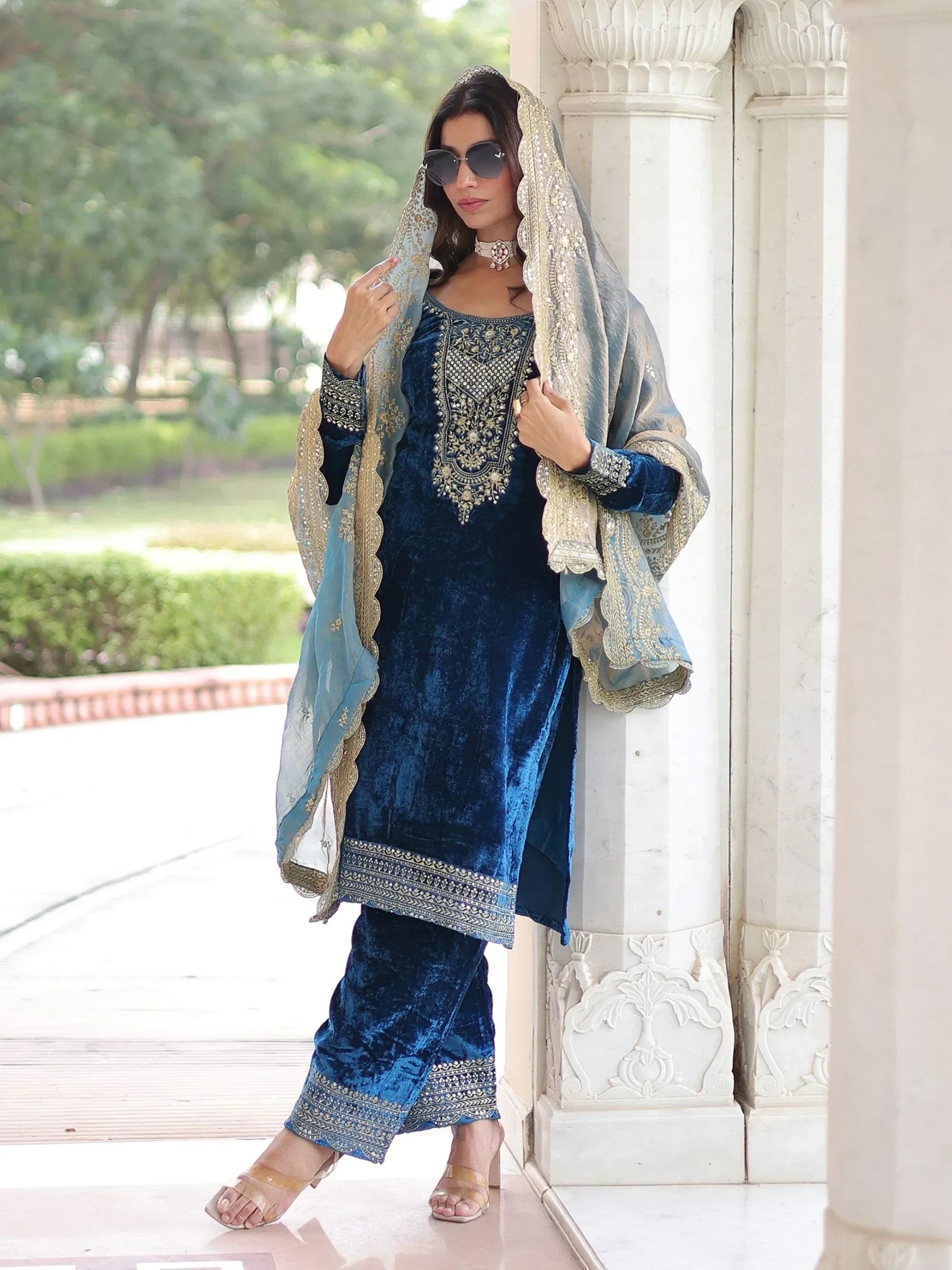Awesome Blue Sequins Embroidered Velvet Festive Wear Salwar Kameez