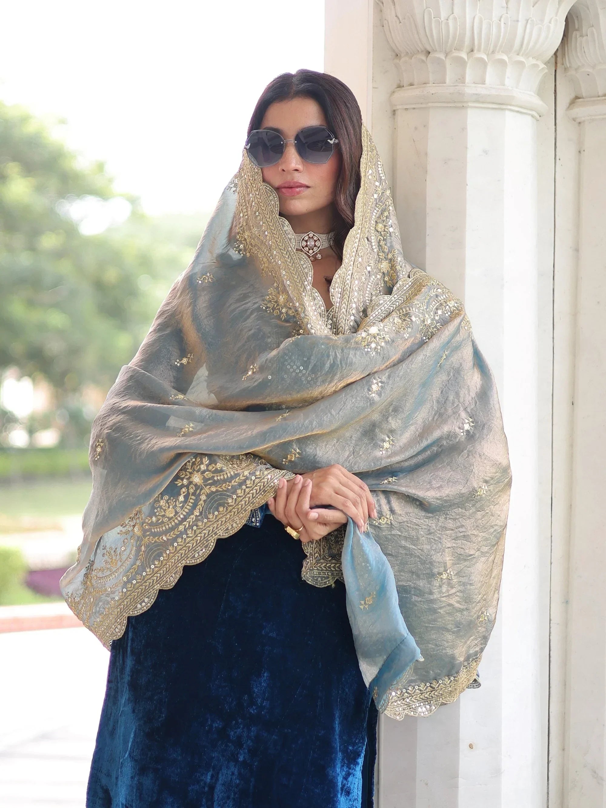 Awesome Blue Sequins Embroidered Velvet Festive Wear Salwar Kameez