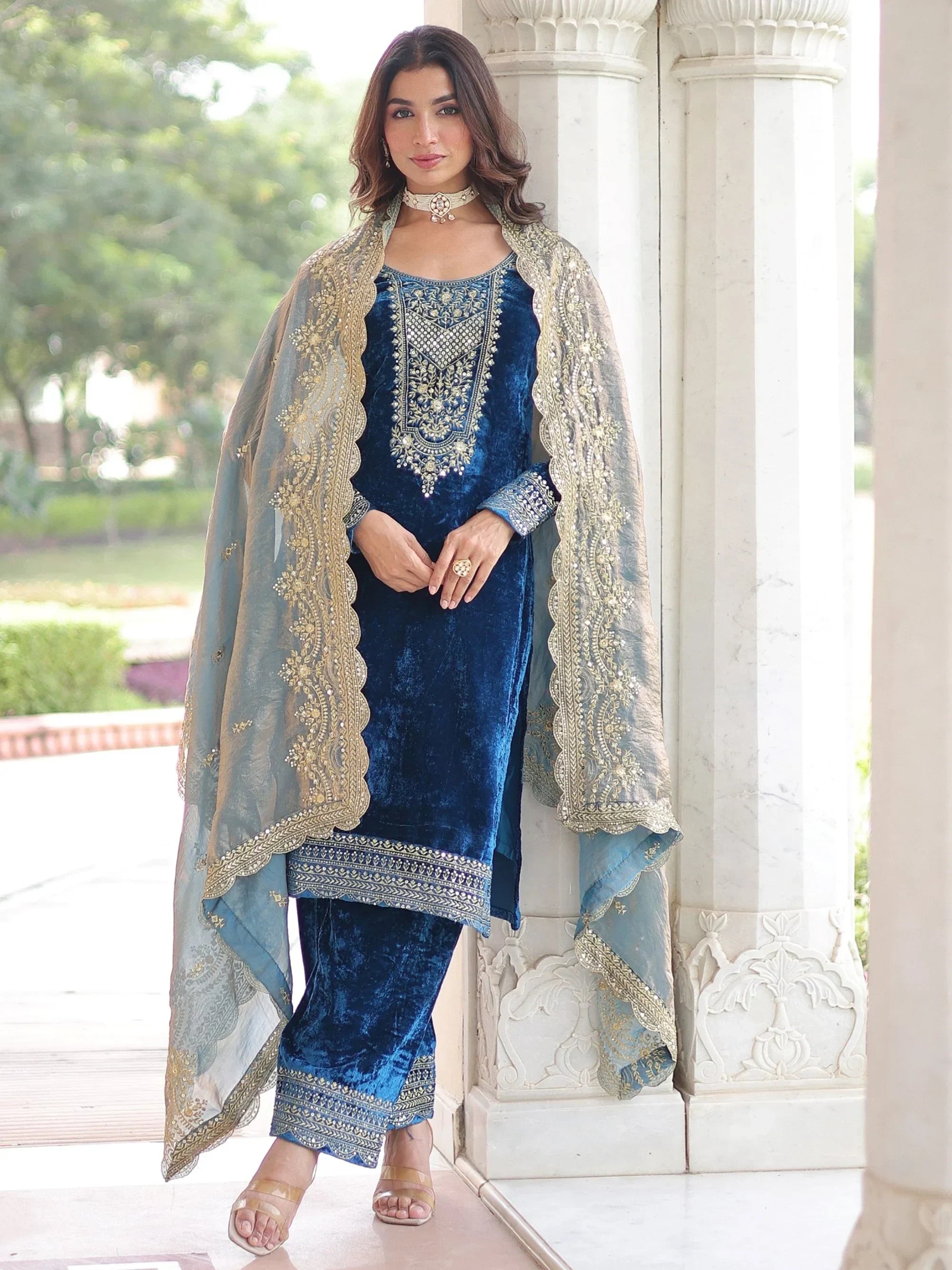 Awesome Blue Sequins Embroidered Velvet Festive Wear Salwar Kameez