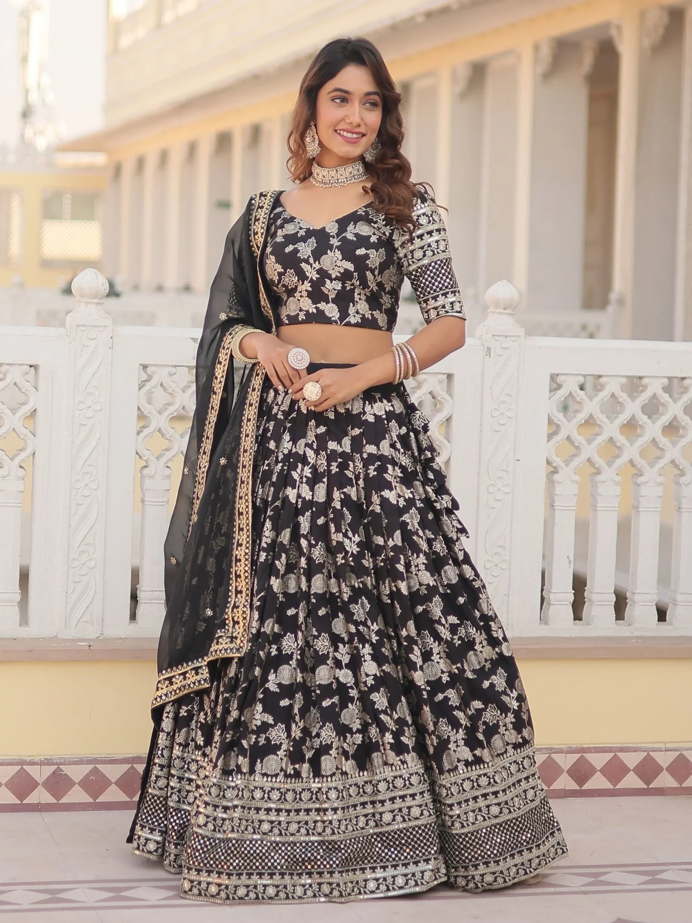 Black Awesome Embroidered Jacquard Reception Wear Lehenga Choli