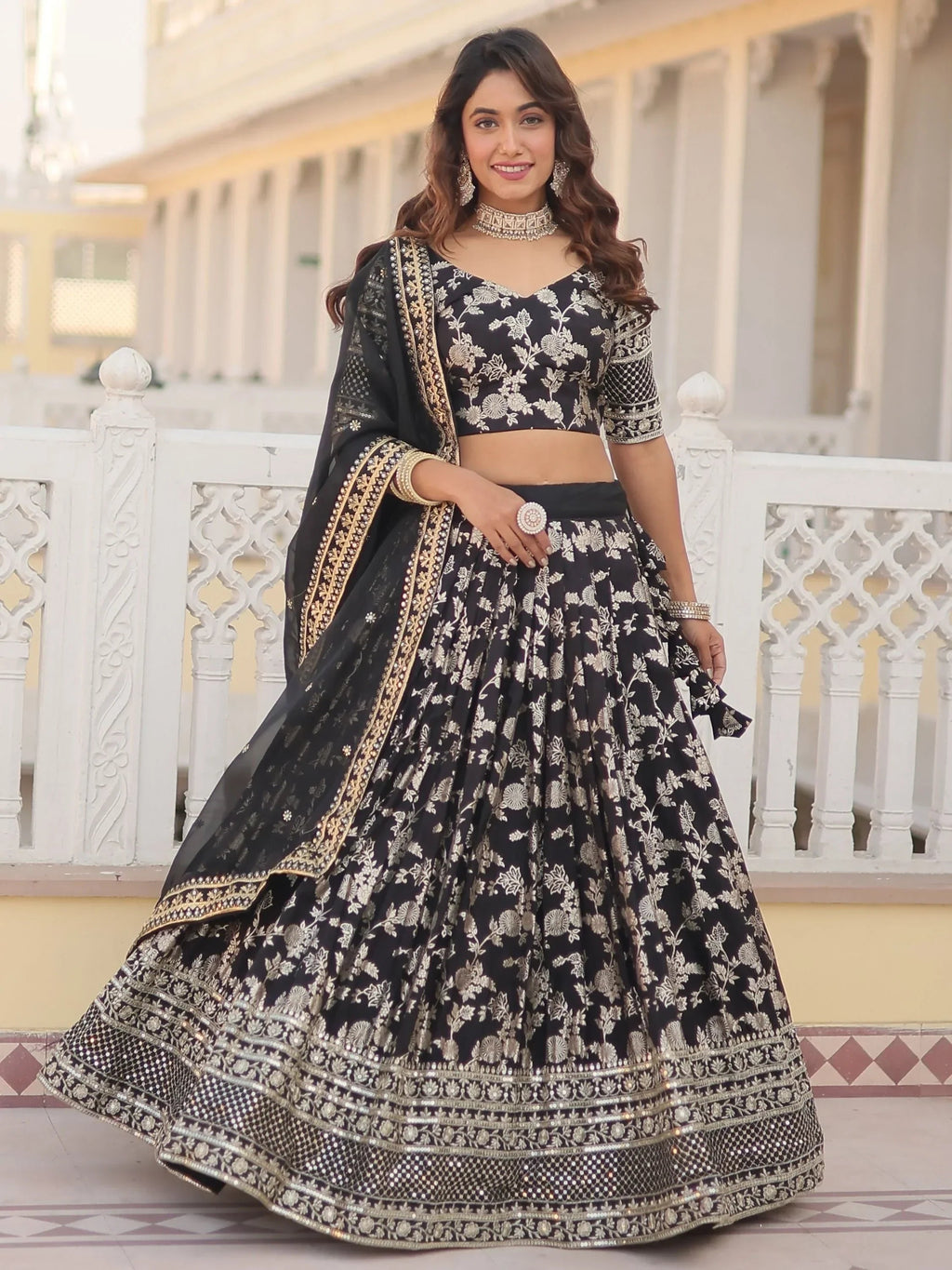 Black Awesome Embroidered Jacquard Reception Wear Lehenga Choli