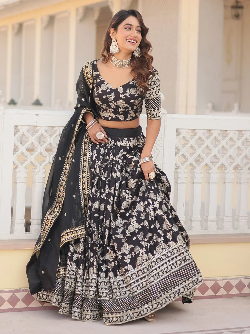 Black Awesome Embroidered Jacquard Reception Wear Lehenga Choli