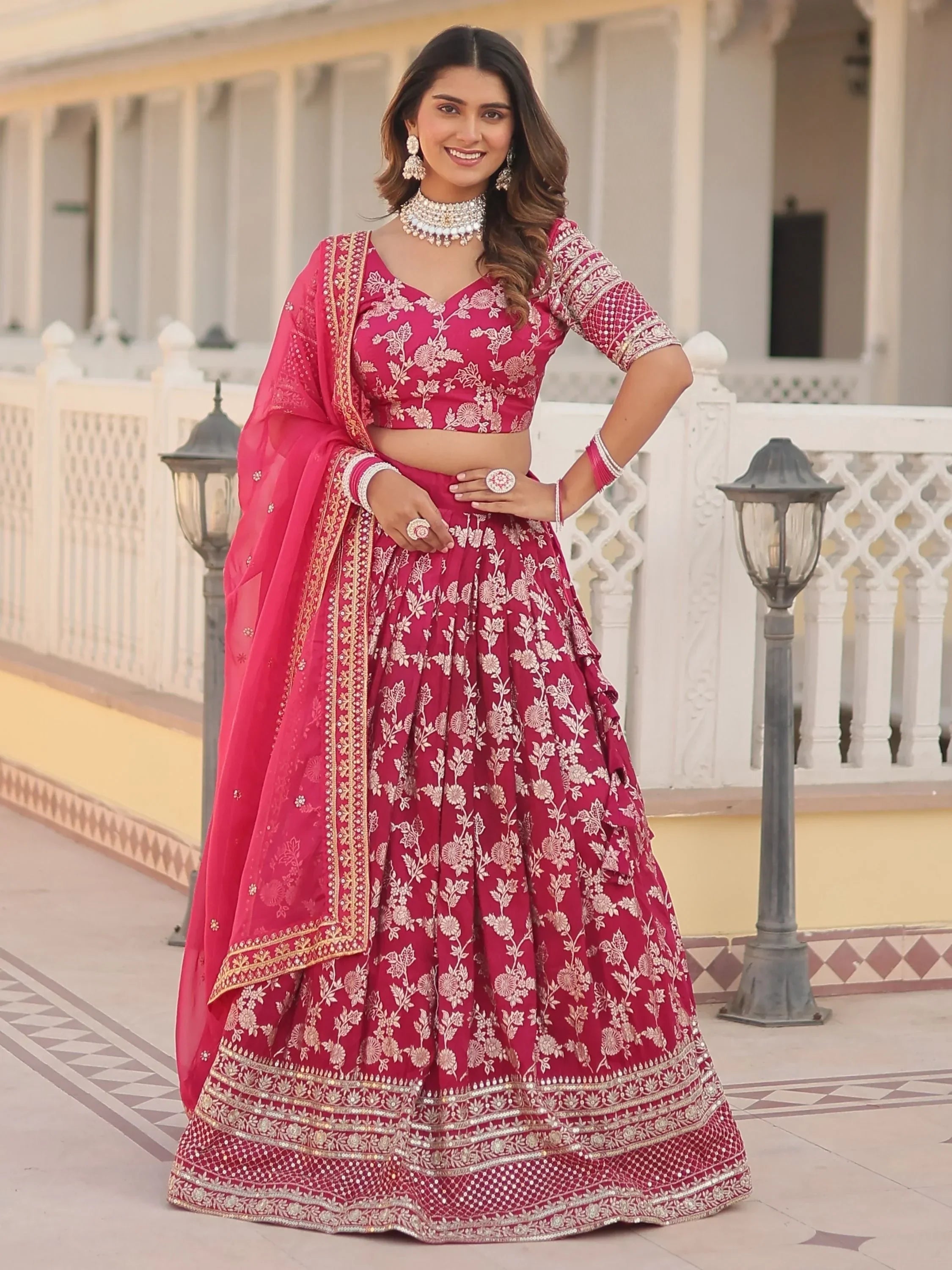 Pink Awesome Embroidered Jacquard Reception Wear Lehenga Choli