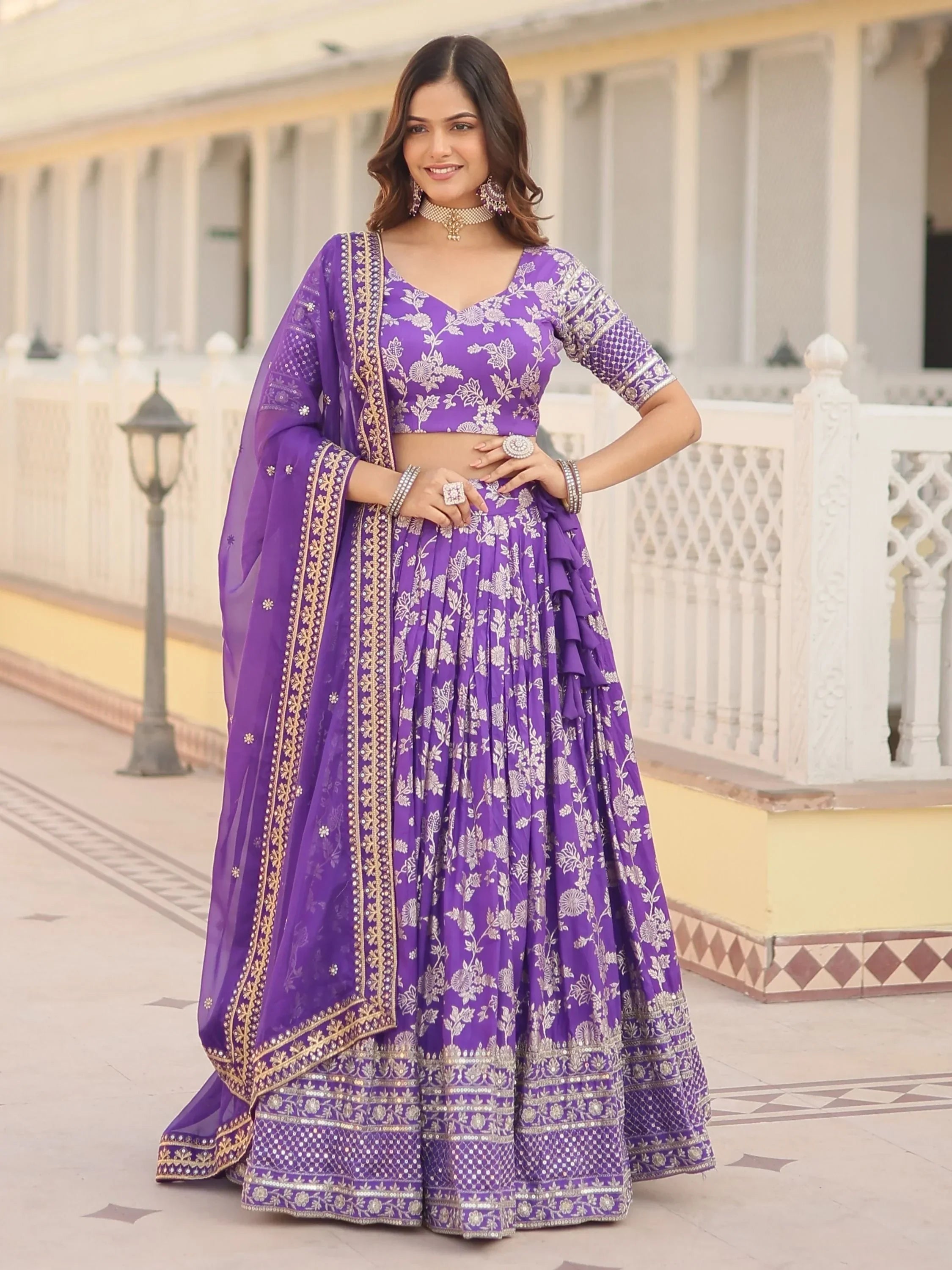 Purple Awesome Embroidered Jacquard Reception Wear Lehenga Choli