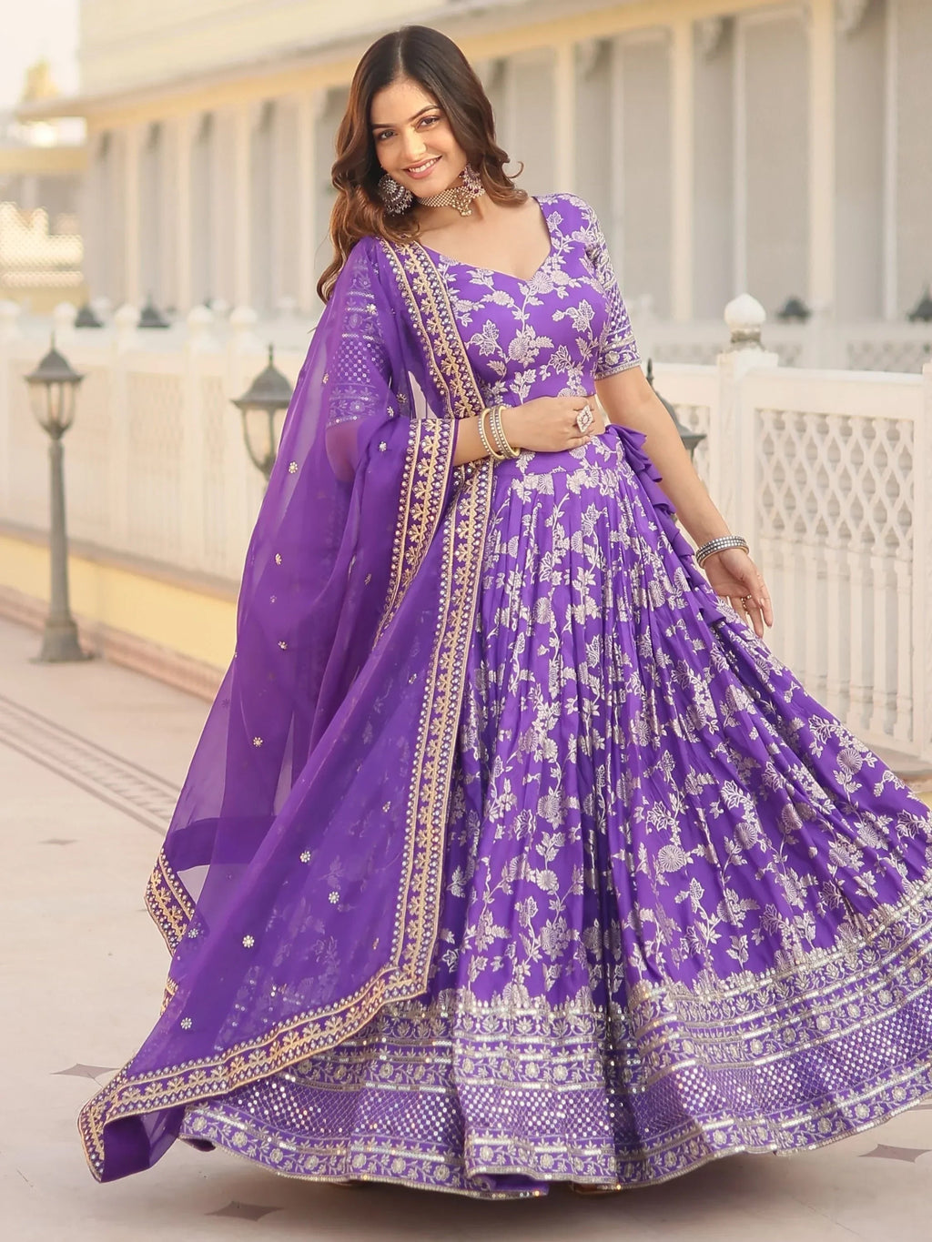 Purple Awesome Embroidered Jacquard Reception Wear Lehenga Choli