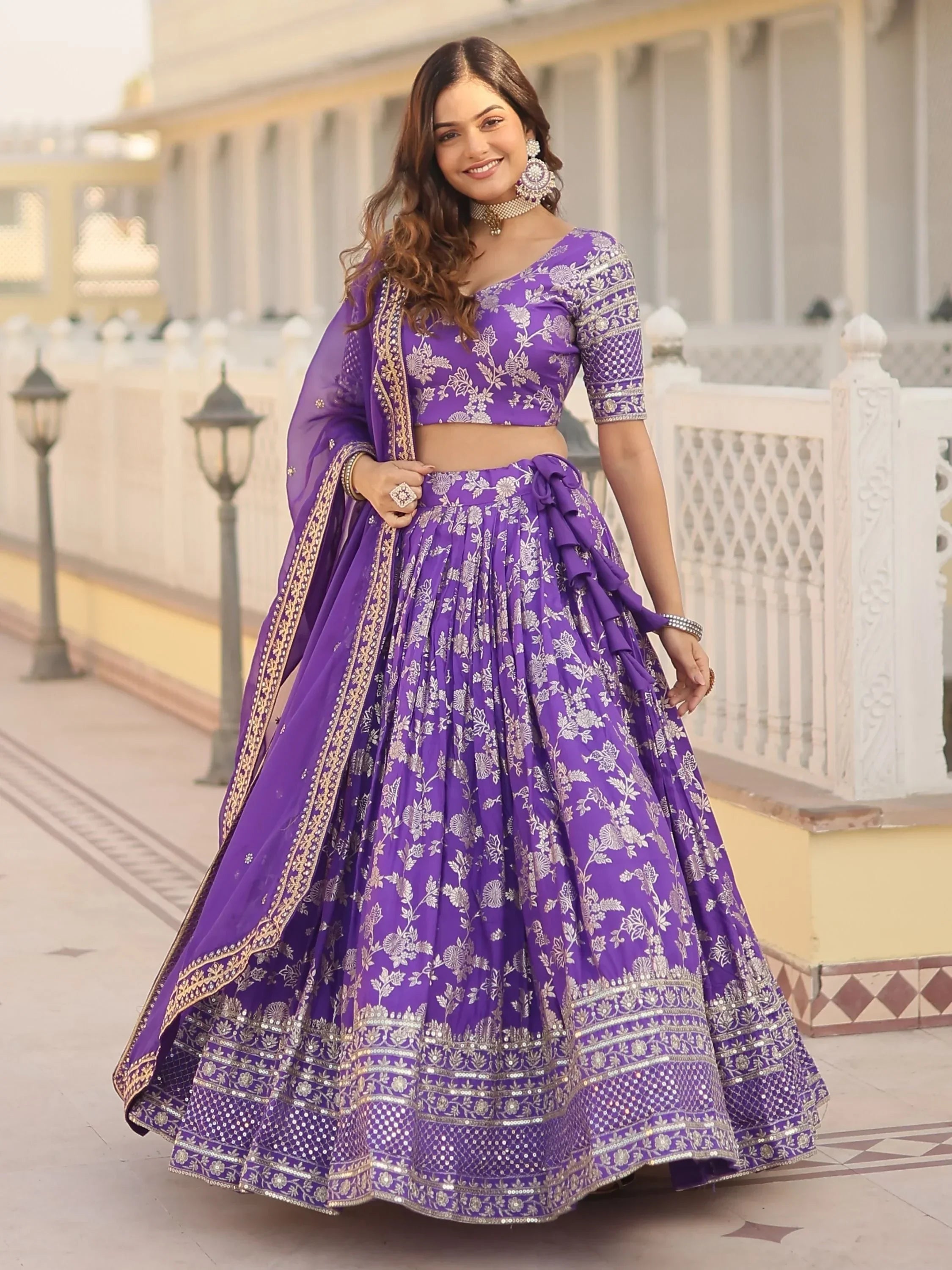 Purple Awesome Embroidered Jacquard Reception Wear Lehenga Choli