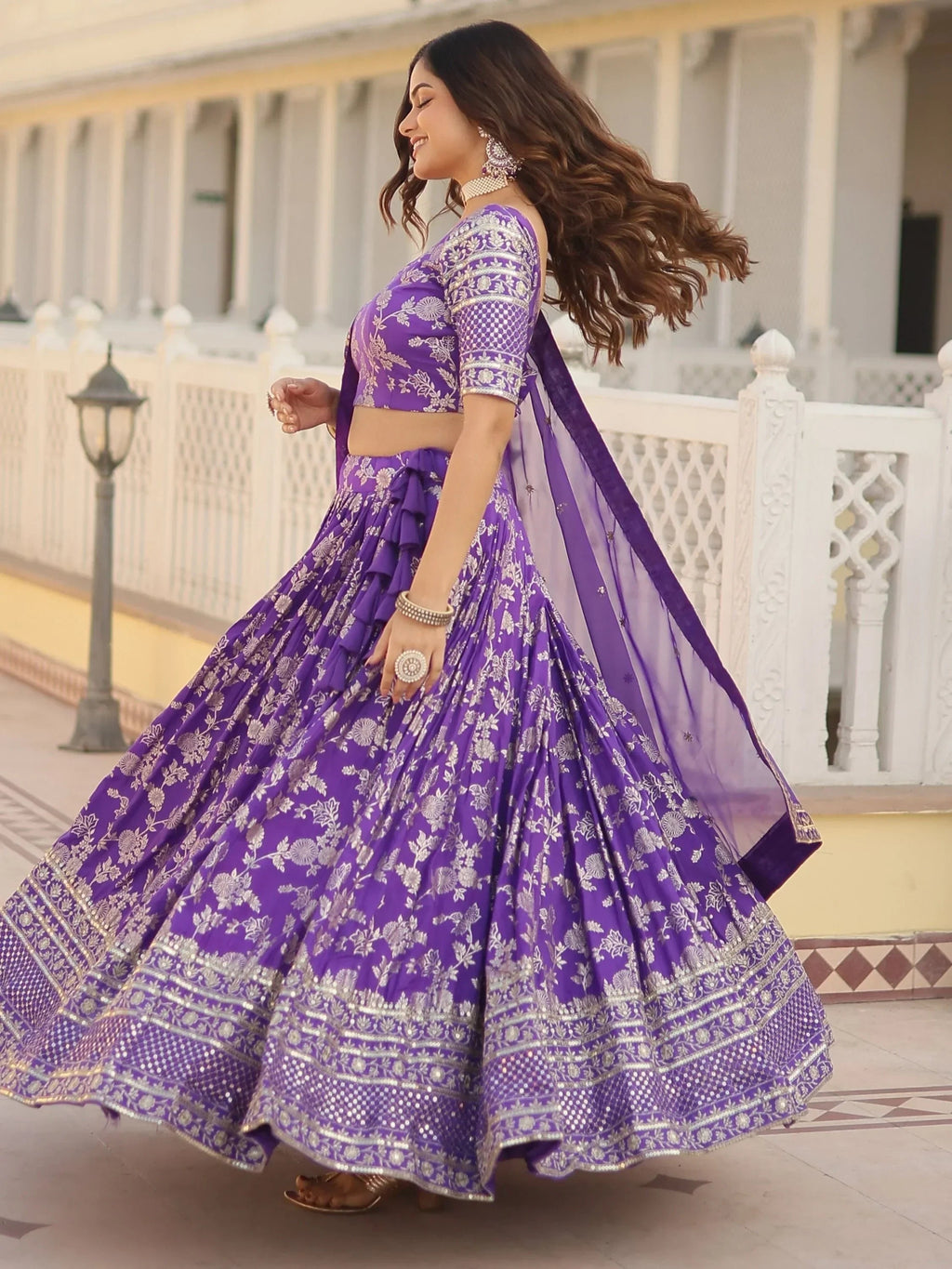 Purple Awesome Embroidered Jacquard Reception Wear Lehenga Choli