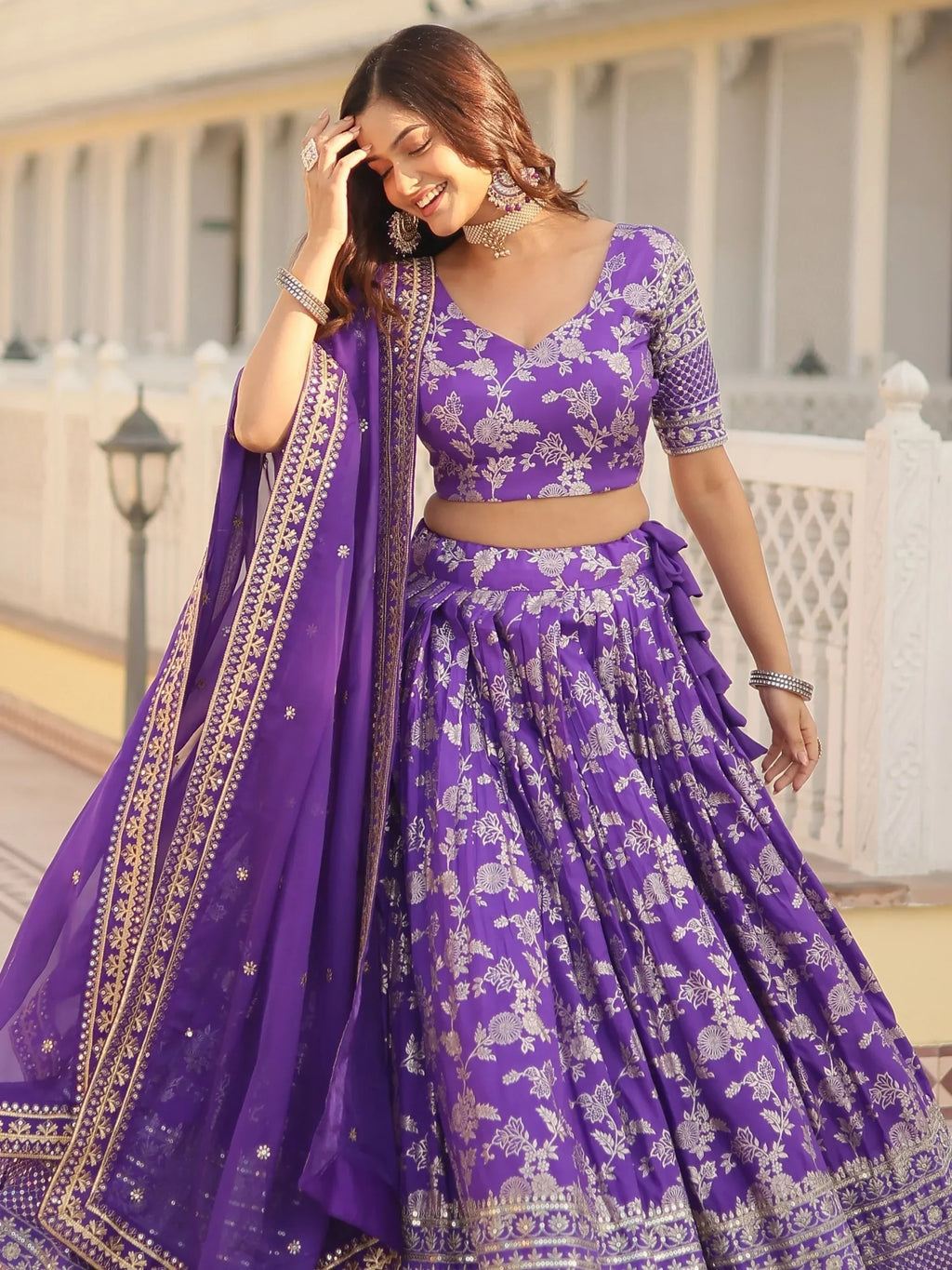 Purple Awesome Embroidered Jacquard Reception Wear Lehenga Choli