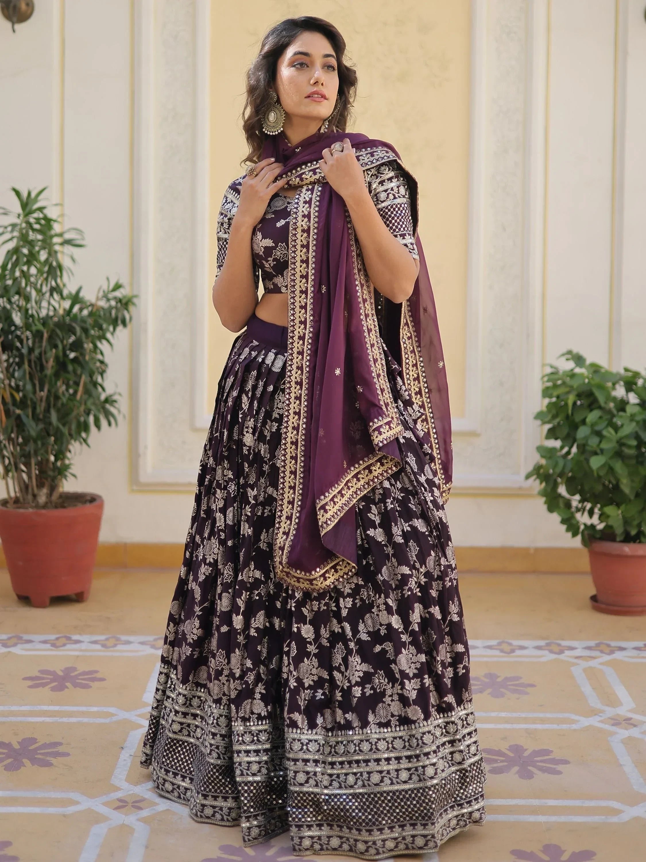 Wine Awesome Embroidered Jacquard Reception Wear Lehenga Choli