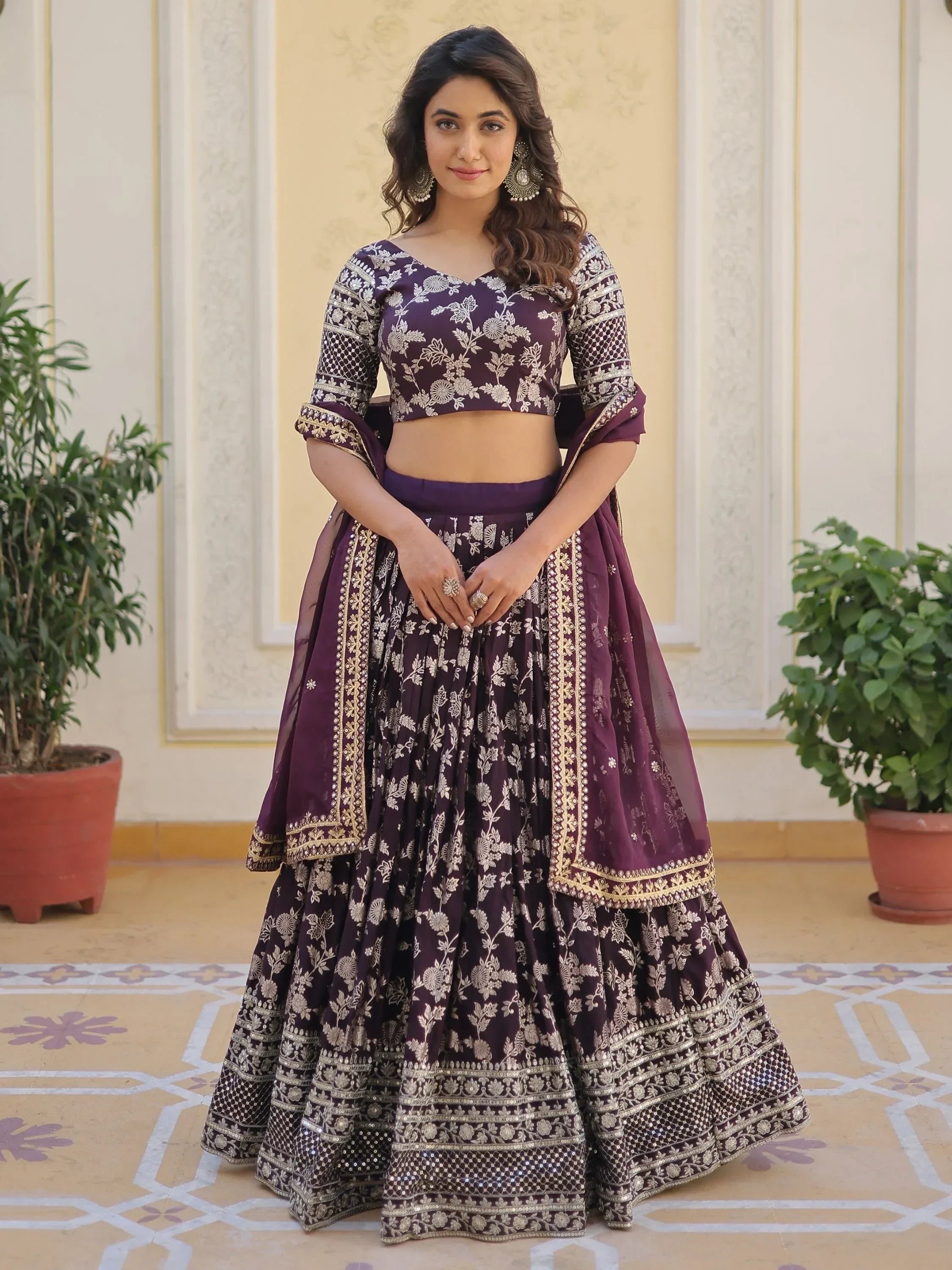 Wine Awesome Embroidered Jacquard Reception Wear Lehenga Choli