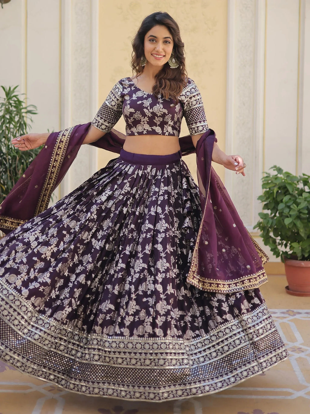 Wine Awesome Embroidered Jacquard Reception Wear Lehenga Choli