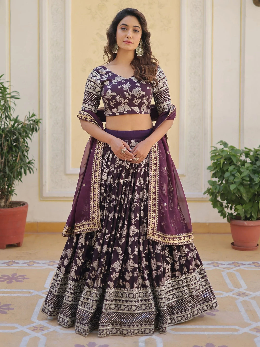 Wine Awesome Embroidered Jacquard Reception Wear Lehenga Choli