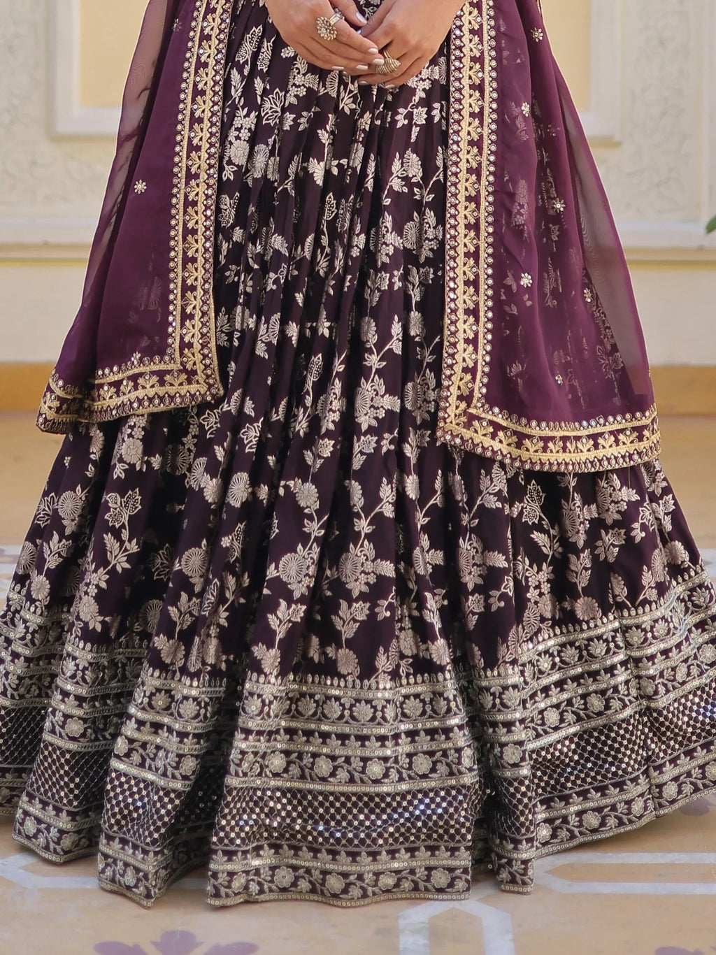 Wine Awesome Embroidered Jacquard Reception Wear Lehenga Choli