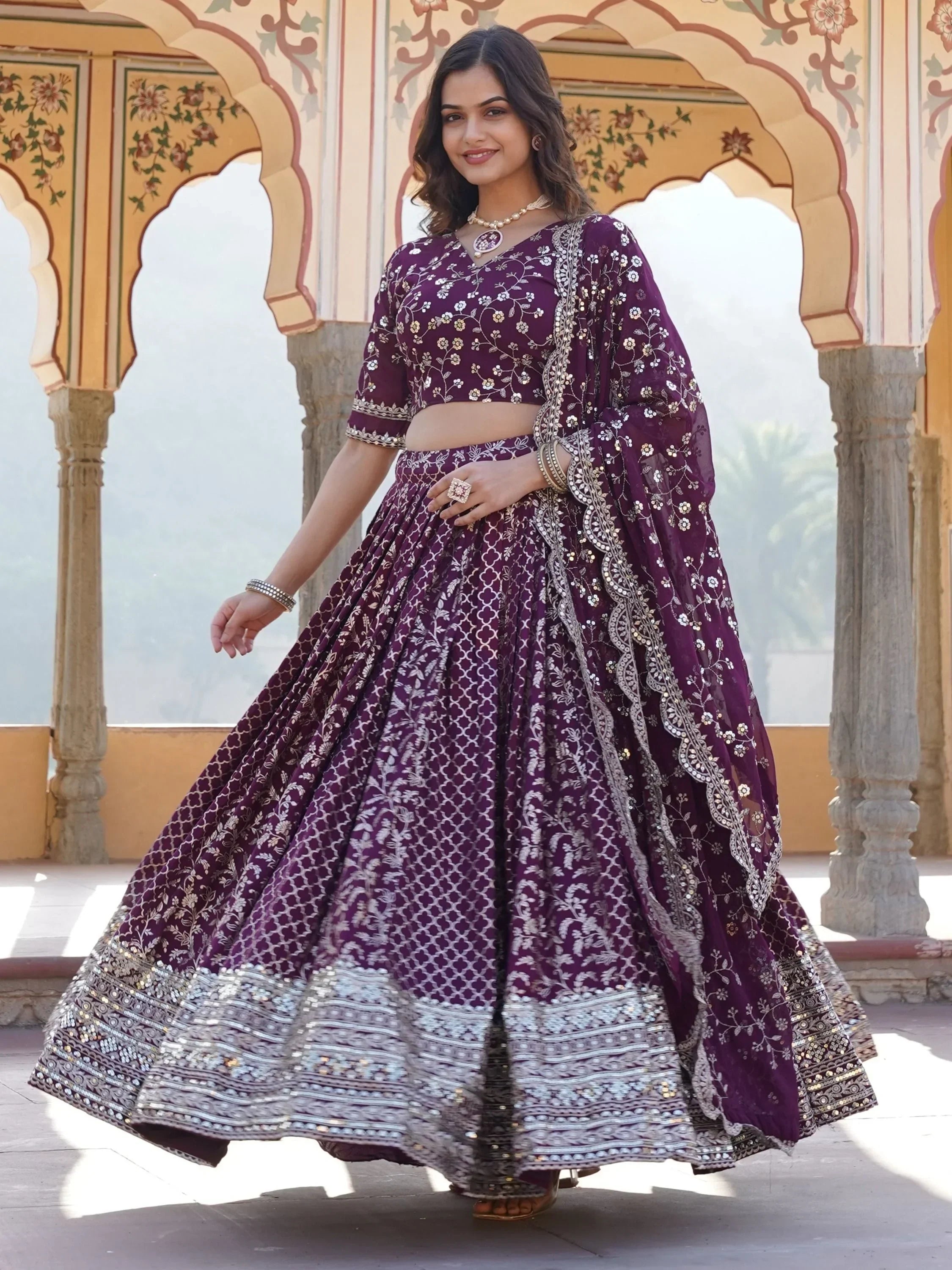 Bewitching Wine Sequins Jacquard Engagement Wear Lehenga Choli