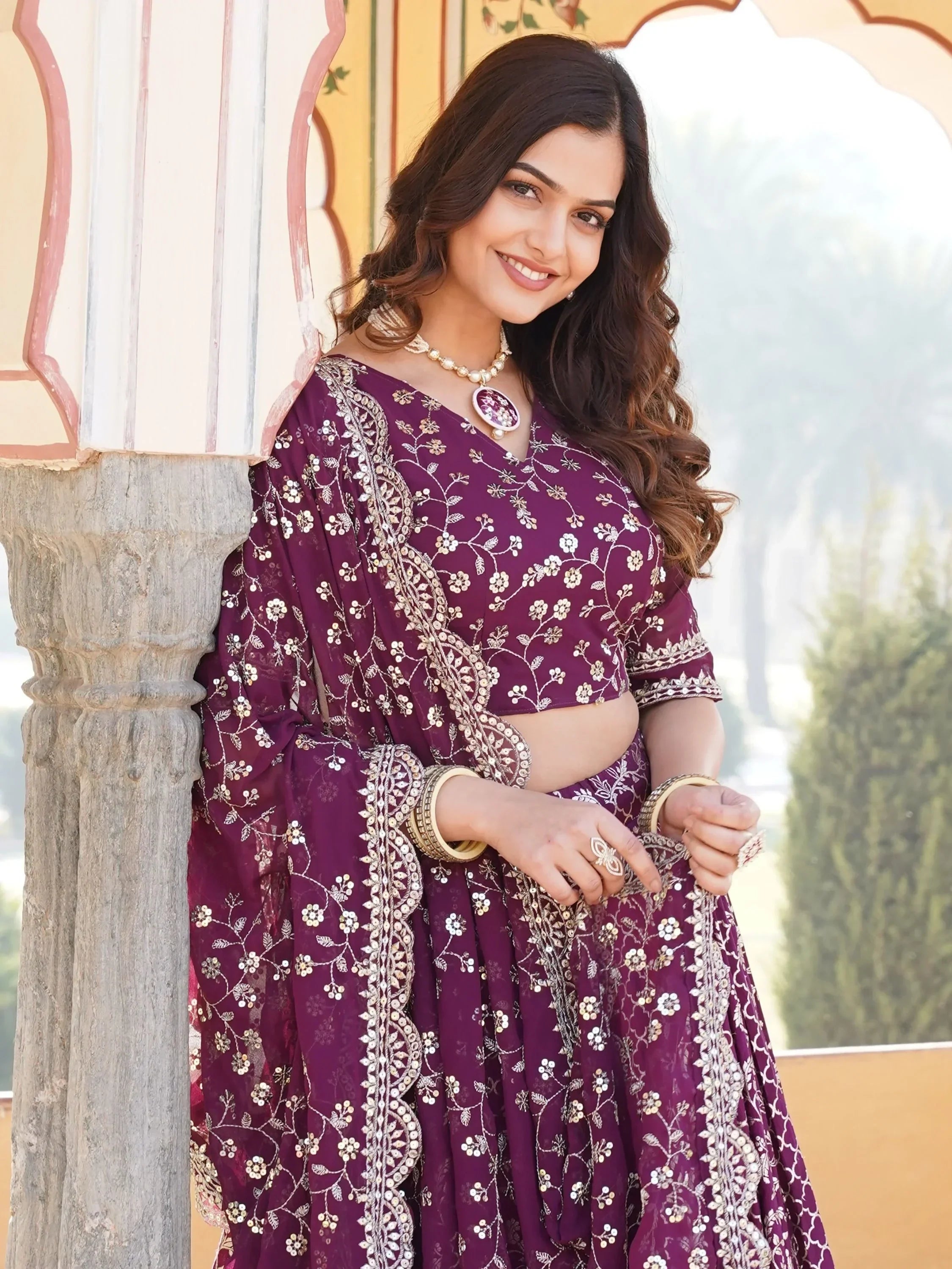 Bewitching Wine Sequins Jacquard Engagement Wear Lehenga Choli