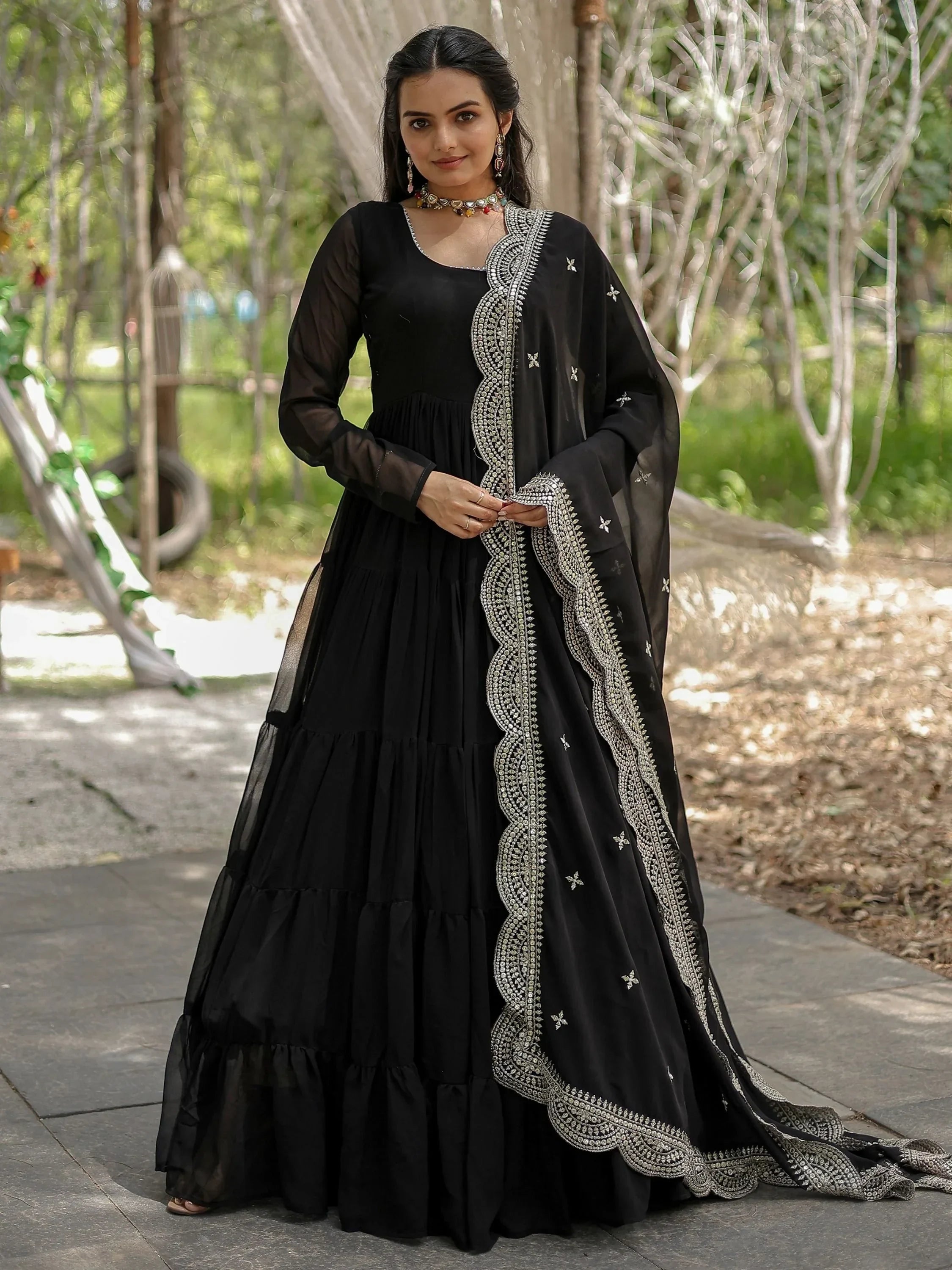 Black Stunning Georgette Function Wear Plain Gown With Dupatta