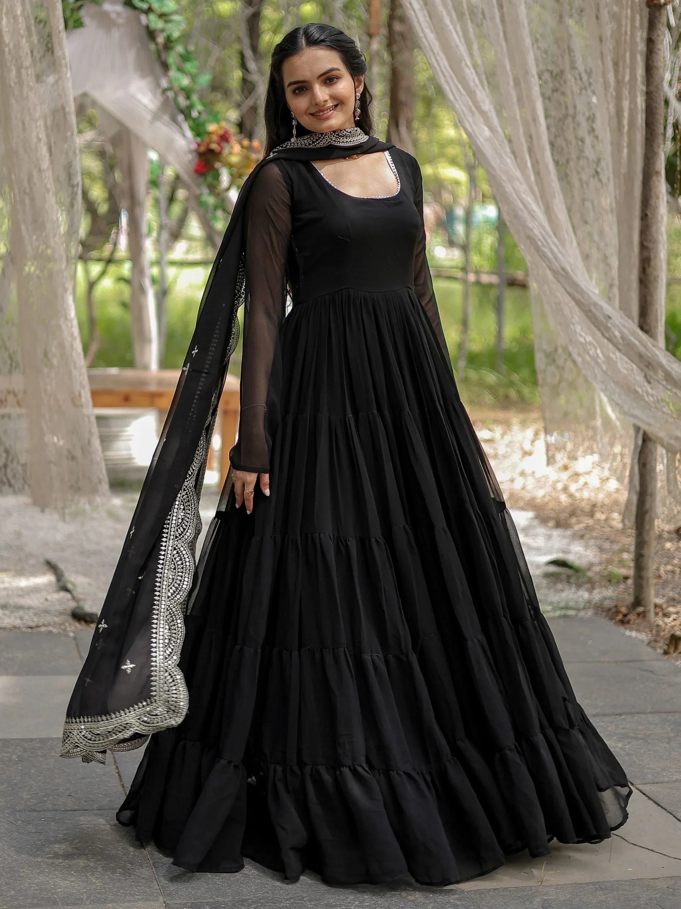 Black Stunning Georgette Function Wear Plain Gown With Dupatta
